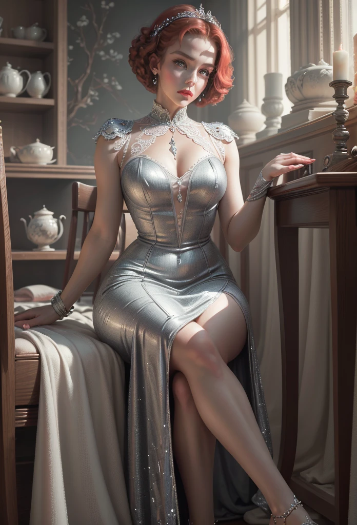 (Masterpiece - Ultra-Detailed, High Resolution) Prepare to be enchanted by a true masterpiece that combines ultra-detailed art with high-resolution rendering. This work shows a mesmerizing woman, with short red hair, headred,1950s style, (1.3) and captivating light gray eyes (1.2), New York illustration style, wearing red lipstick, emanating an aura of elegance and mystery. Dressed in classic 1950s clothing. Sitting on the floor.. Intricate details and realistic textures invite you to explore every aspect of this enchanting composition. Transparent gray dress. Get ready to dive into a world where beauty and craftsmanship merge perfectly.