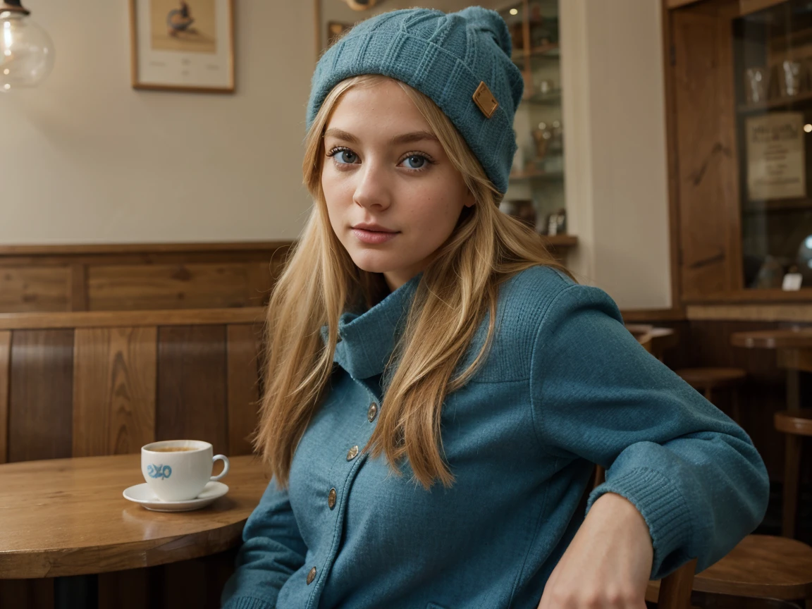 There a woman ava, young adorable American blond girl, Ketherine Langford face features. blue eyes. Sitting in a cafe. Wearing winter clothes