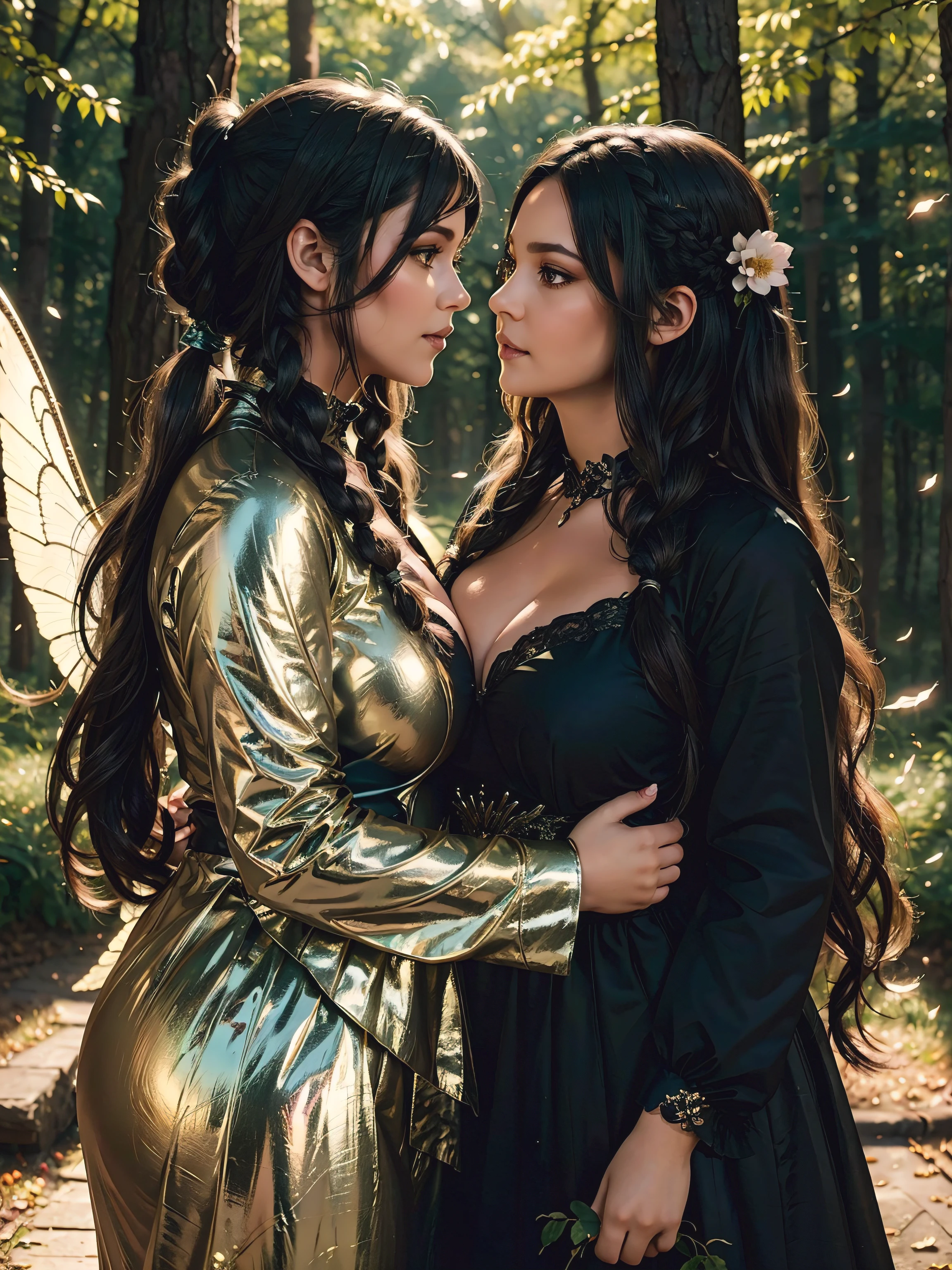 In a magic fantasy forest, two beautiful voluptuous magical women, curvy body shape, wearing a metallic {black} fantasy outfit, transparent wings, flower in hair, {pigtails, long hair}, caressing each other, depth of field, bokeh, Volumetric lighting, fantasy, shot from ground level,
