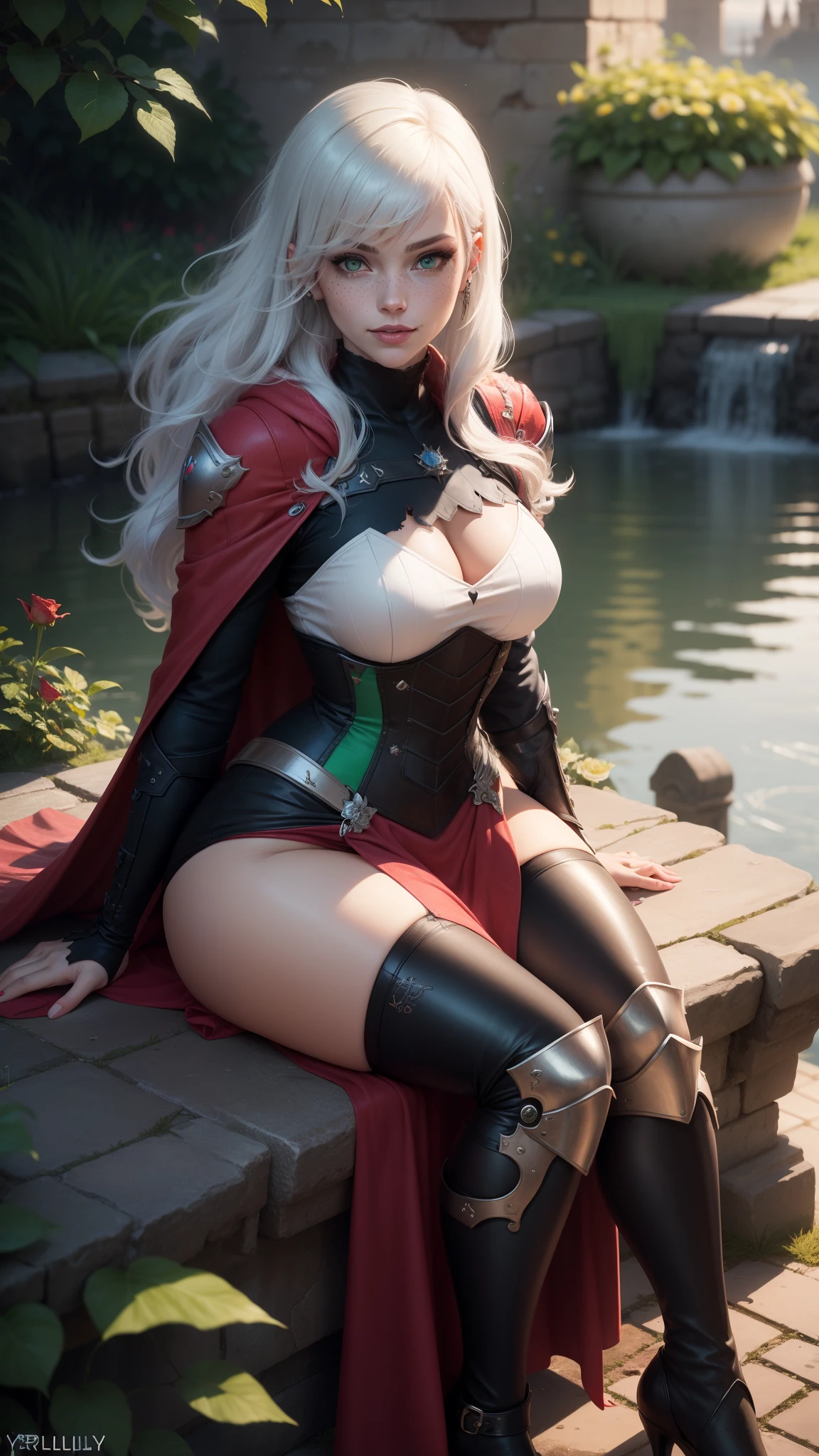 gwen tennyson,yorha 2b,tracer,y'shtola rhul,overwatch,warcraft,close up, castle garden,tattoos,scarlet and white plugsuit,white short sleeve knight top,short sleeve knight full plate armor,long knight skirt,steel knight corset,long curly hair,queen makeup,green eyes,multicolored silver hair,long dress train,sexy smile, freckles,beautiful girl,silver thigh high boots,large breasts,8k,ultra detailed,realistic,fantasy art,steel knight uniform,queen gown dress,hair jewelry,ear piercings,ruby head and neck jewelry,(weather:windy),1girl,long scarlet knight coat,sitting by the pond,holding a rose,