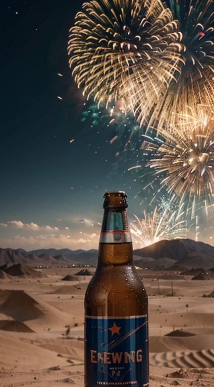 fireworks exploding from a beer bottle in a desert landscape, inspirado em Mike Winkelmann, Directed by: Alexander Kucharsky, Directed by: Aleksander Gierymski, Directed by: Mike Winkelmann, Beeple e Mike Winkelmann, Directed by: Andrei Kolkoutine, volcano exploding, erupting, bipe. hiper-realismo, bipe. octan render