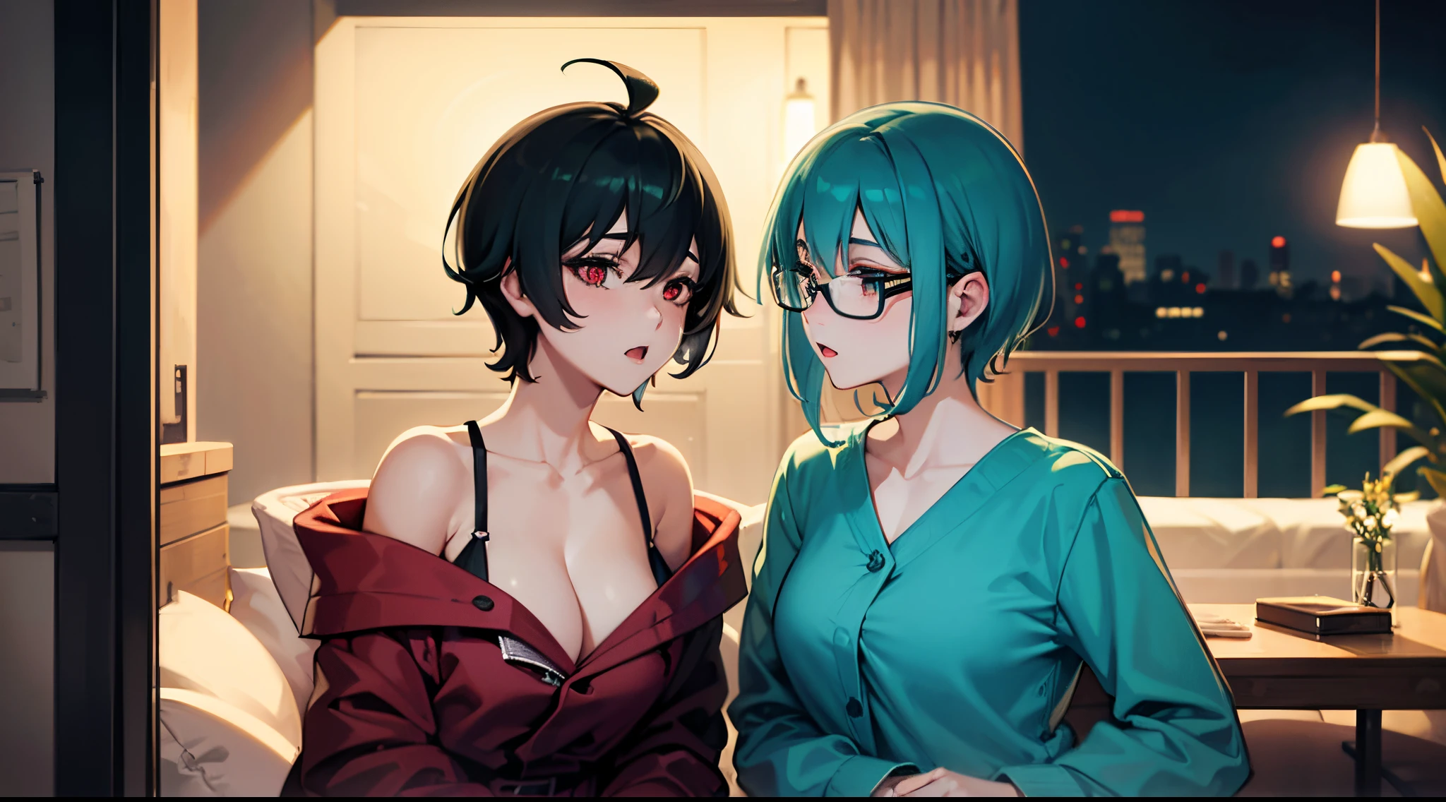 2girls, {45 years old, milf, black hair, tomboy, very short hair, side shave, red eyes, small ???????}, {1girl, 53 years old, milf, teal and green hair, messy hair, asymmetrical hair, ahoge, very short hair, aqua eyes, ??????????????, pale skin, glasses}, night, lounge, bathrobe, alcohol, kissing
