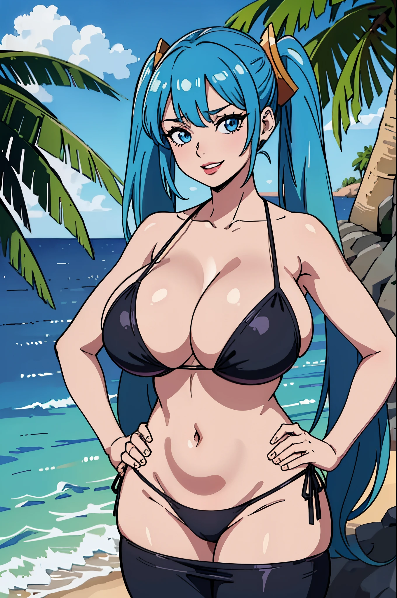 masterpiece, best quality, ultra-detailed, illustration, colorful, flat color, depth of field, lens flare, 1girl, sona buvelle, blue hair, blue eyes, gradient hair, twintails, hair ornament, anime, (shortstack), (opll:1.2), (closeup), (upper body), looking at viewer, at beach, cowboy shot, view from above, (navel, black micro bikini, bikini panties, skitdentation, sfw, open shoulders), detailed skin texture, beautiful detailed face, seductive grin, white teeth, seductive, alluring attire, collarbone, inviting, (gigantic breasts, saggy breasts, huge breasts, curvy, voluptuous, curvaceous, milf), (hands on hips), red lips, makeup