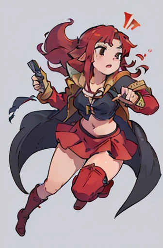 ((best quality)), ((masterpiece)), (detailed), perfect face, girl, pirate captain, ((long red hair)), full body, midriff, pistol, katana, red cloak, red short skirt, long black boots,