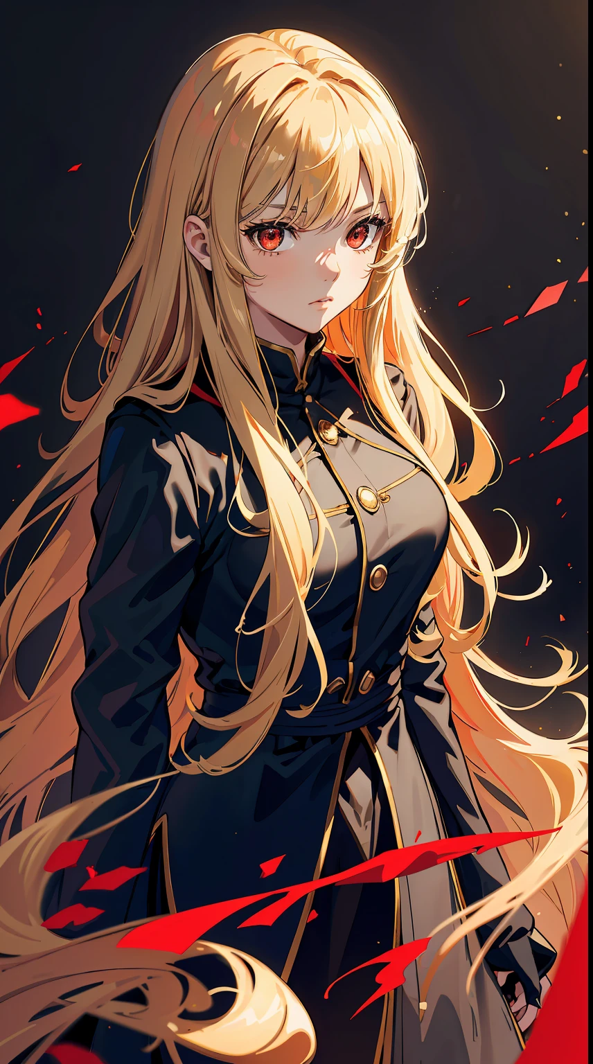 Anime girl with long blonde hair and black dress standing in front of ...