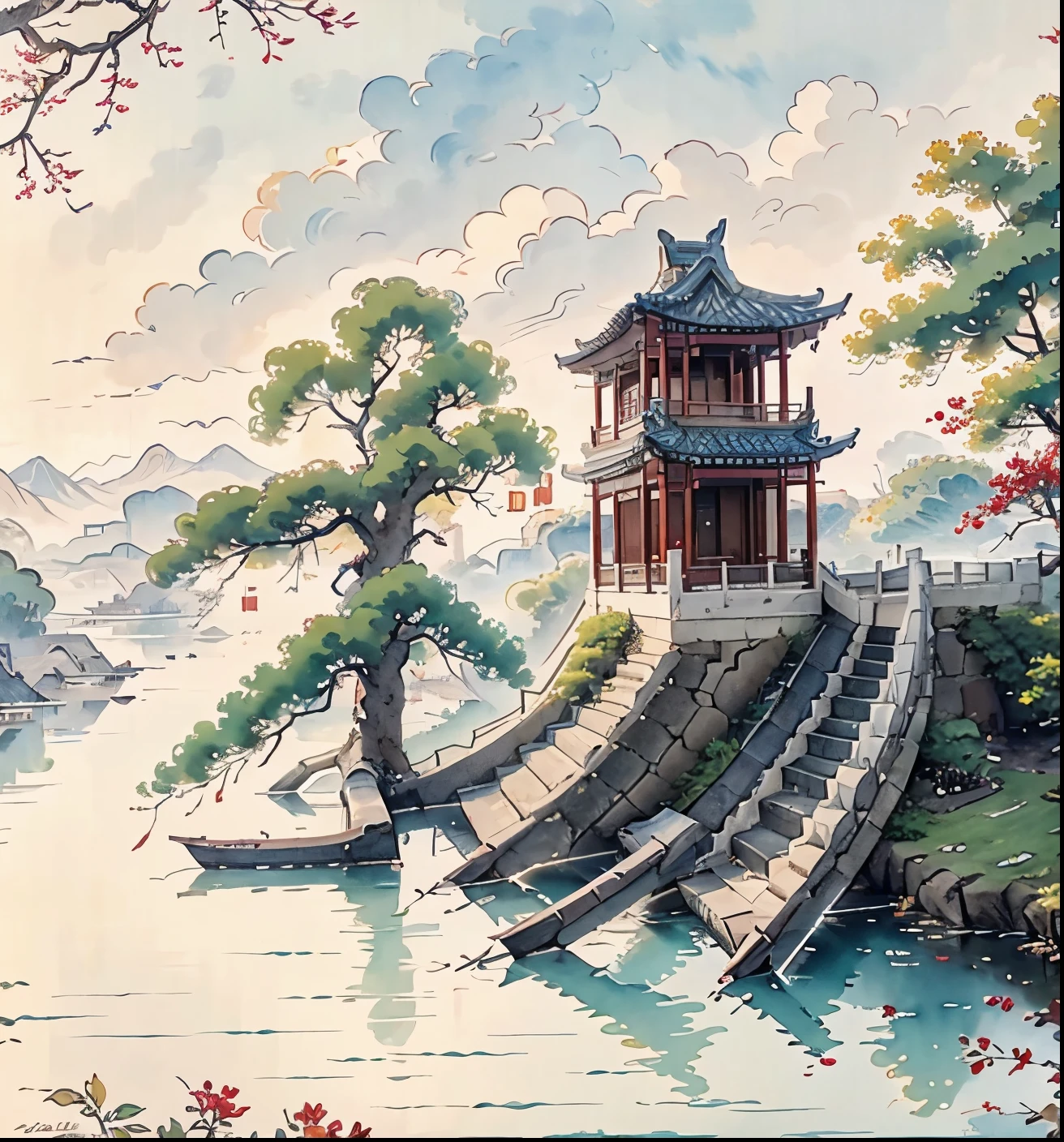 (best quality,4k,8k,highres,masterpiece:1.2),ultra-detailed,realistic:1.37,stunning reflection,beautiful tower and building,detailed pavilion,various trees, clouds, green trees, maple trees, red trees, small stones, little birds, traditional Chinese architectural complex on a solitary island, Chinese-style watercolor painting, Chinese landscape, traditional Chinese watercolor painting, Chinese painting, watercolor 8K, clear boundaries between light and shadow, beautiful lighting, masterpieces, superb details, epic artwork, ultra-high definition, high quality, official art, unified 8k wallpaper, super detailed