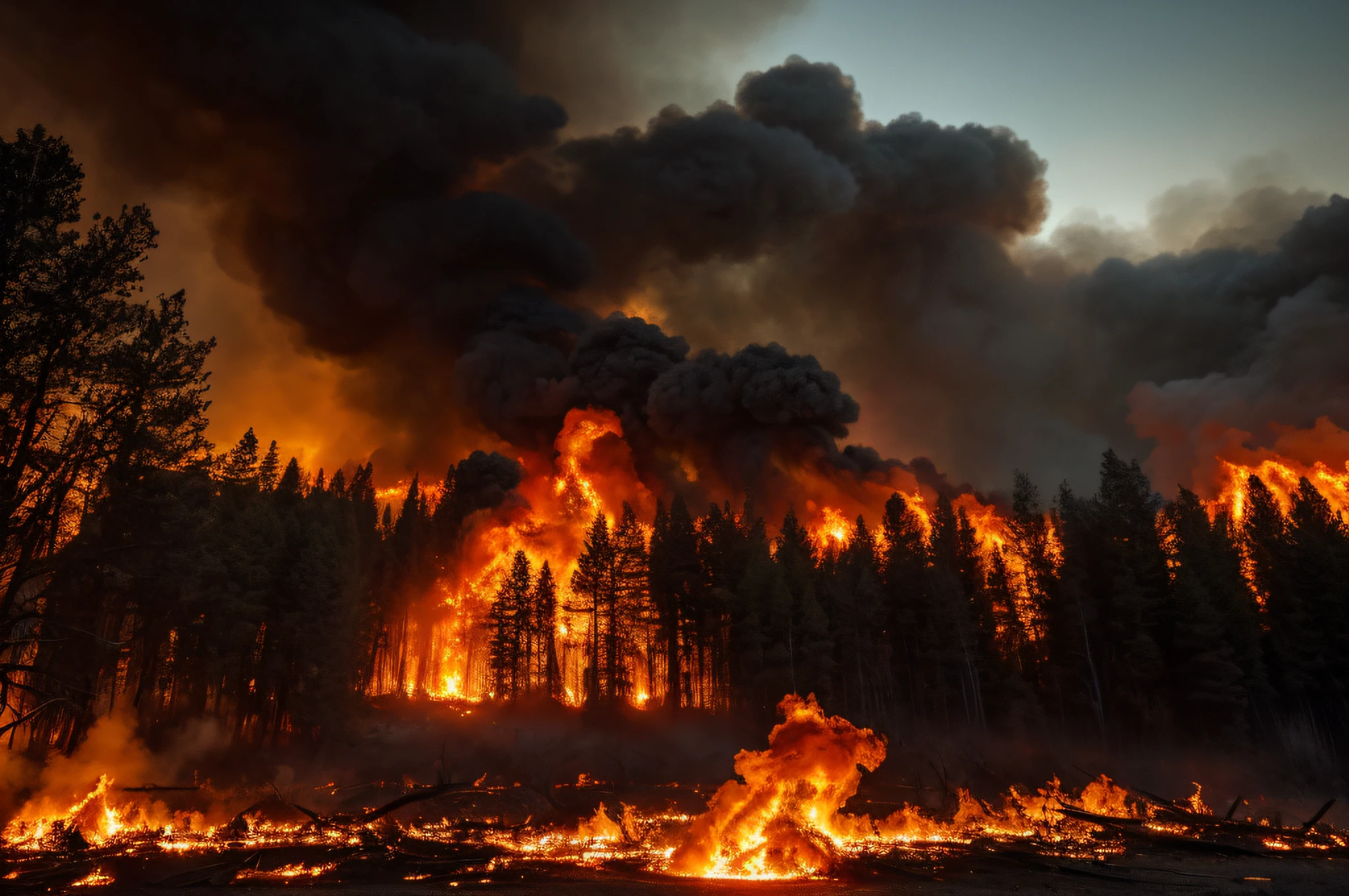 Forest on fire and with dense smoke