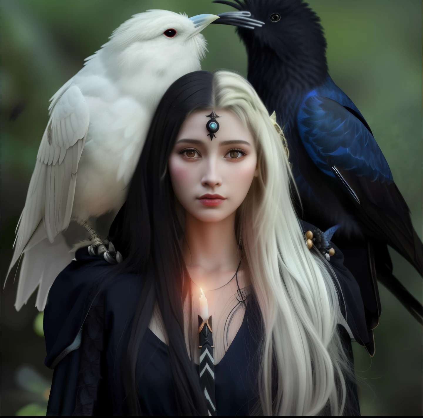 araffe woman with a candle and two birds on her head, pagan goddess, uma bela feiticeira, gothic maiden shaman, beautiful witch female, hecate goddess, feiticeira bonita, com um corvo no ombro, bruxa feminina bonita, como um personagem de fantasia medieval, as a mystical valkyrie, Cabelos longos de corvo, beautiful female druid