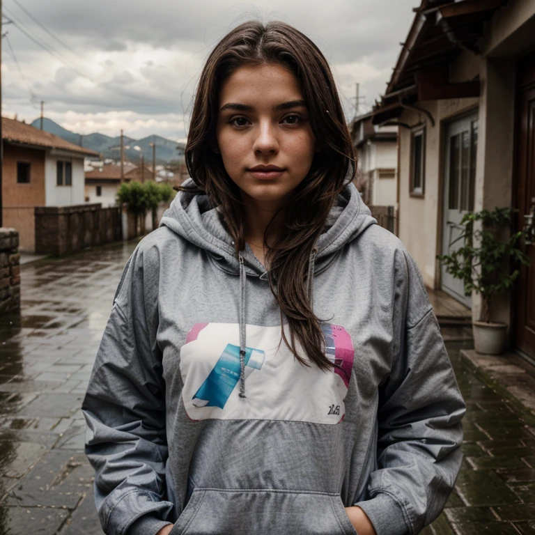 a 23 year old girl, utilizando sudadera con lluvia de fondo