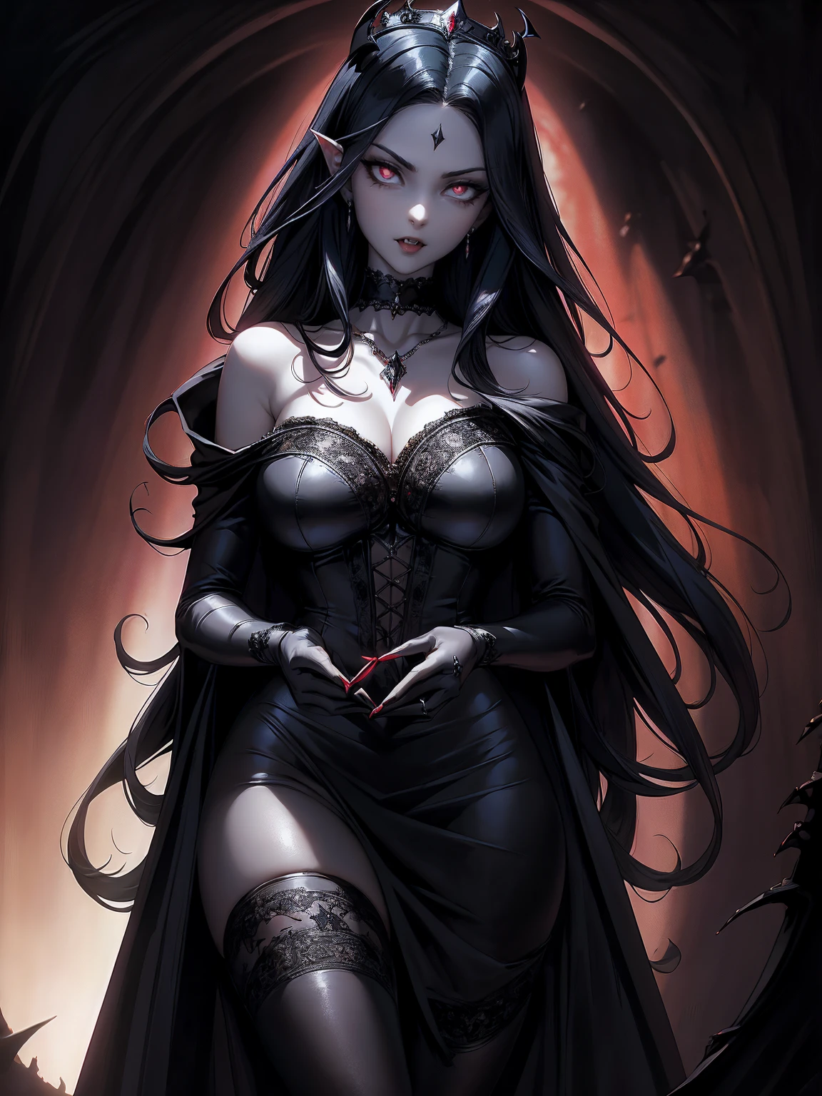 absurdres, ((stunning female Vampire))), goth Renaissance, (long black hair:1.erfect and detailed angular sharp oval shaped face, ((redeyes)), jewelry, red and black tetradic colors, full lips, gothic castle background, (solo), perfect anatomy, approaching perfection, ethereal, intricate details, ultra-high definition, 12k resolution, goth aesthetic, smooth, sharp focus, dreamy, glowing, backlit, glamour, glimmer, fantastical, shadows, smooth, Gothic crown, illustration