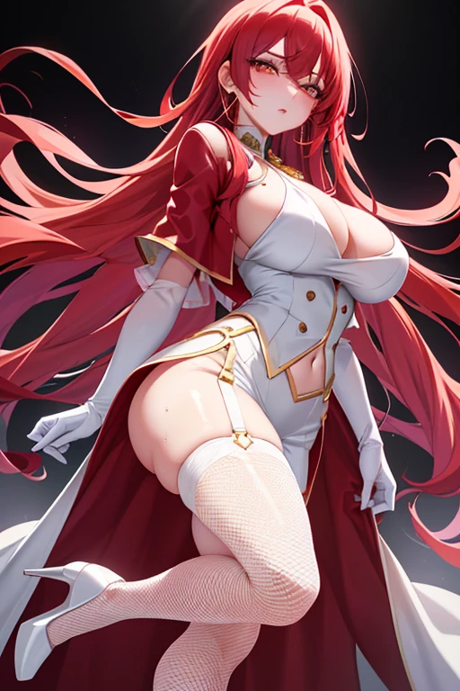 tmasterpiece, Best quality at best, 1个Giant Breast Girl, long whitr hair, large bust, very long red hair, yellow-eyed, see-through transparent clothes, ((white  clothes)) Sateen, Wet with, of the skin, Ligeri, ((a sexy pose)), white  clothes, no pant, fishnet stockings, jewely, Ruby earrings, Good anatomy, Red gloves, boots, high-heels, 's, Without feelings, Intimidating, blood vess, 詳細な目, deep dark background, closeup cleavage, ((Detailed eyes beautiful eyes, By bangs, Look head-on