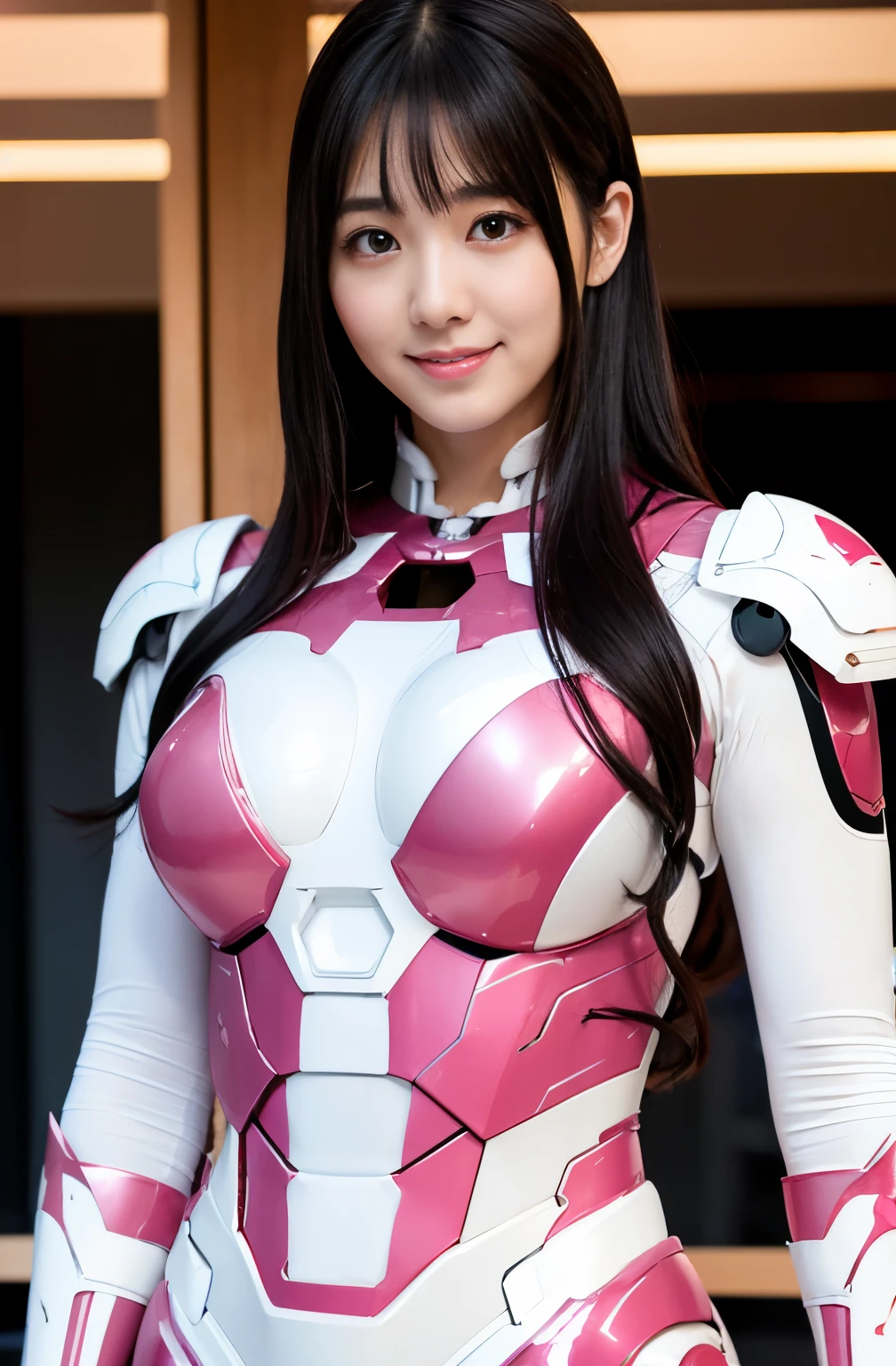 （ultra best quality、in 8K、masuter piece、delicate illustration、full body Esbian）,Wearing a damaged pink and white Iron Man suit、A beautiful and bewitching Japanese 25-year-old woman、Plump body、Curly black hair、A slight smil、izakaya