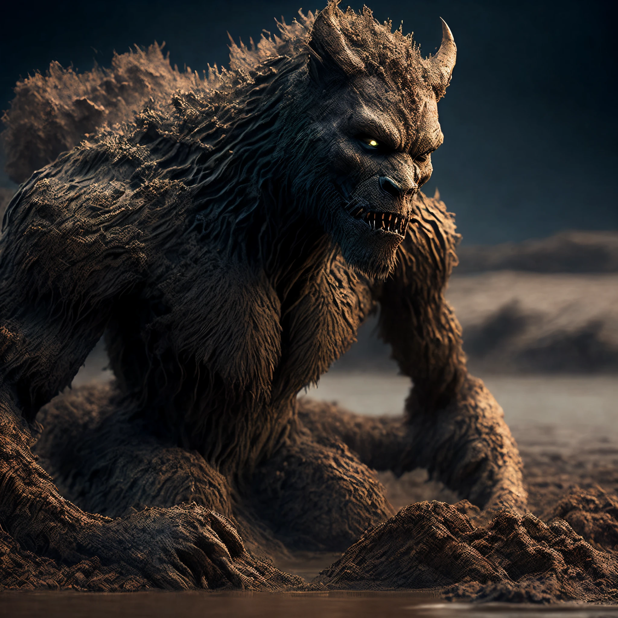 Close-up (Human figure beast made of dirt from Marvel in cyro style: 1.3) emerging from the dirty lake, well detailed, volumetric light