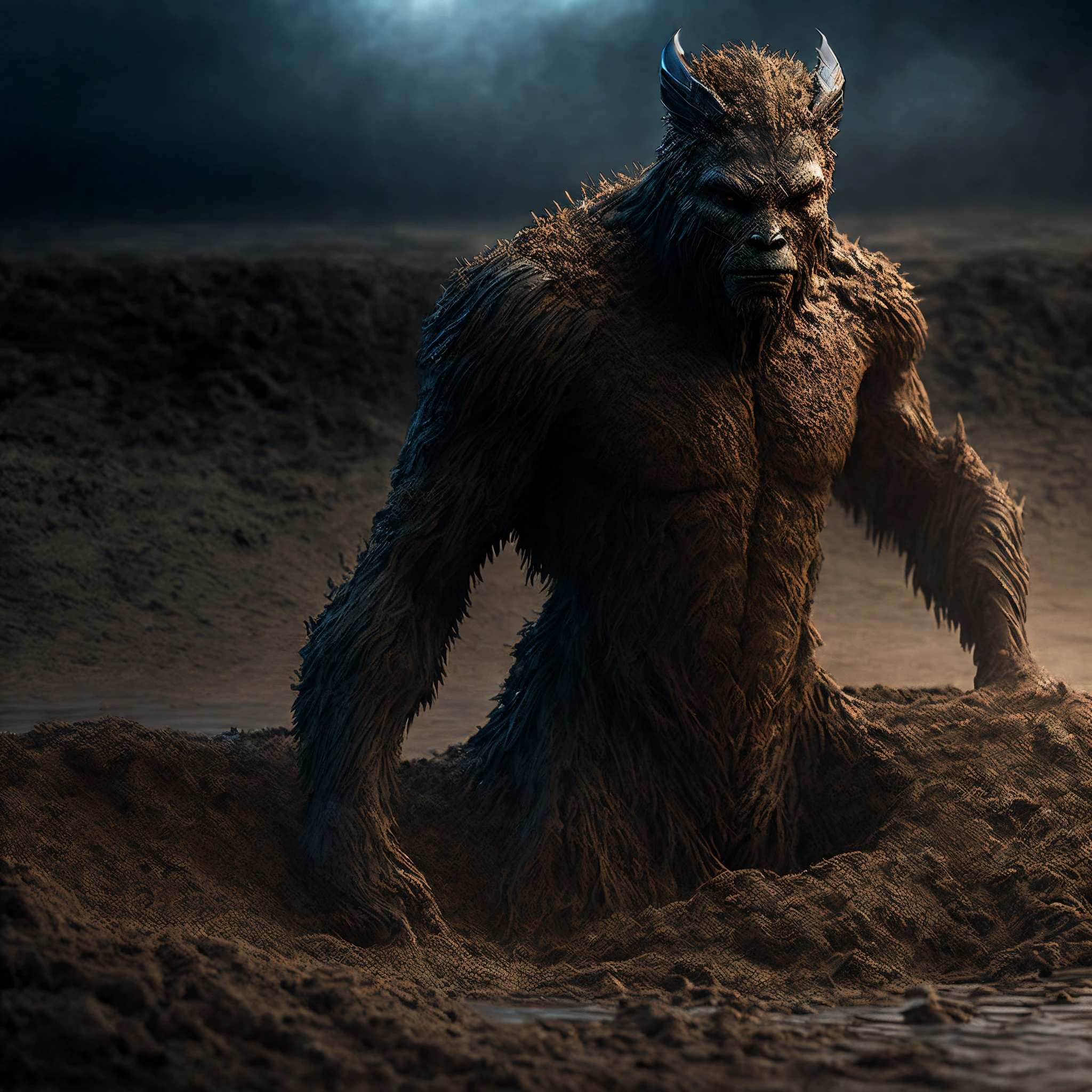 Close-up (Human figure beast made of dirt from Marvel in cyro style: 1.3) emerging from the dirty lake, well detailed, volumetric light