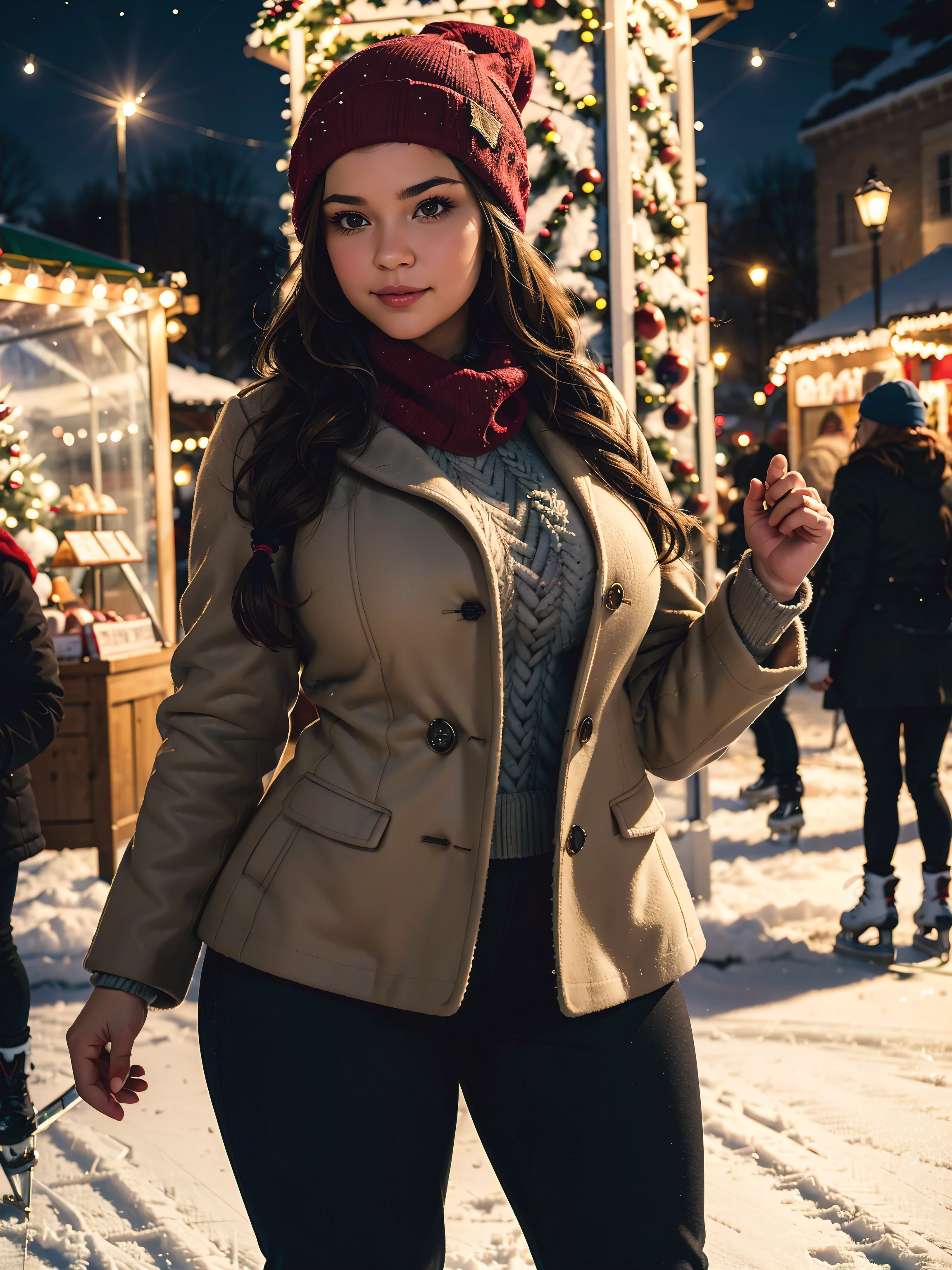 Winter at a christmas market, a beautiful voluptuous woman, curvy body shape, french braid, beanie, wool coat, tight pants, Skatingon an ice rink, having fun, depth of field, bokeh, Volumetric lighting,