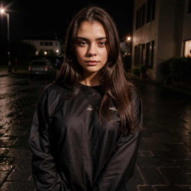 23 year old woman wearing a black sweatshirt, de noche, straight brown hair, labios rosados, cara delgada, nariz fina, con lluvia de fondo