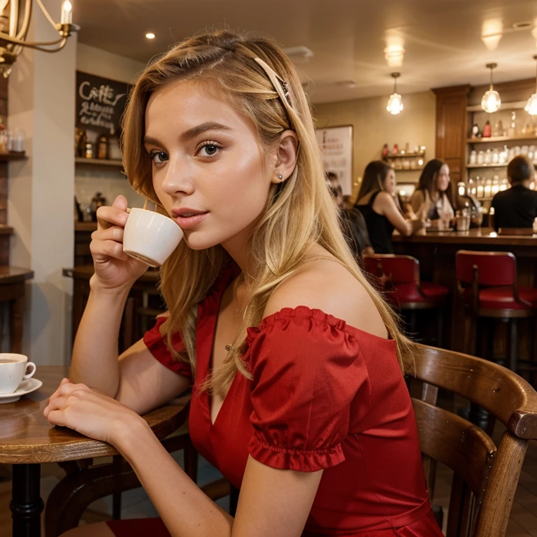 Beautiful girl,influencer,blonde,cafe,selfie,drinking coffee,red dress,russian