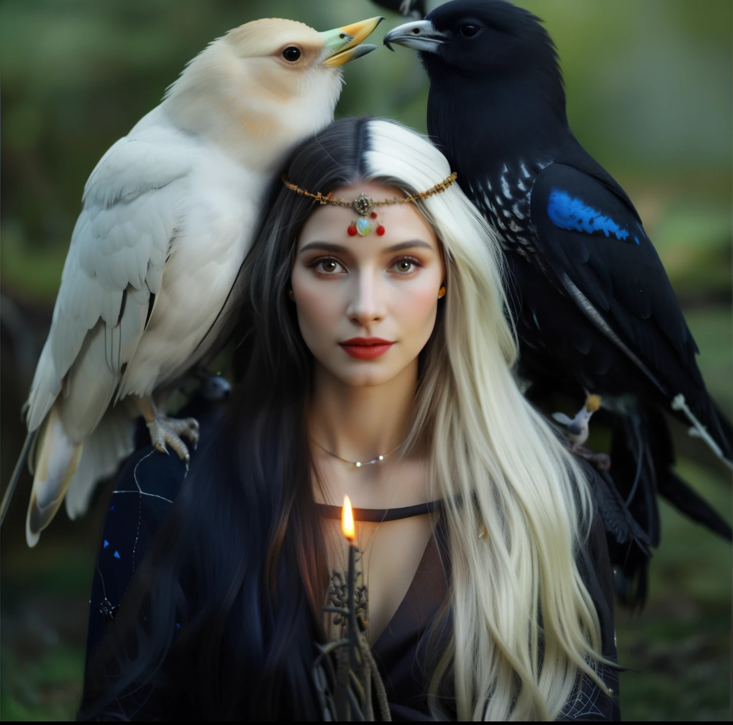 araffe woman with a candle and two birds on her head, pagan goddess, uma bela feiticeira, gothic maiden shaman, beautiful witch female, hecate goddess, feiticeira bonita, com um corvo no ombro, bruxa feminina bonita, como um personagem de fantasia medieval, as a mystical valkyrie, Cabelos longos de corvo, beautiful female druid