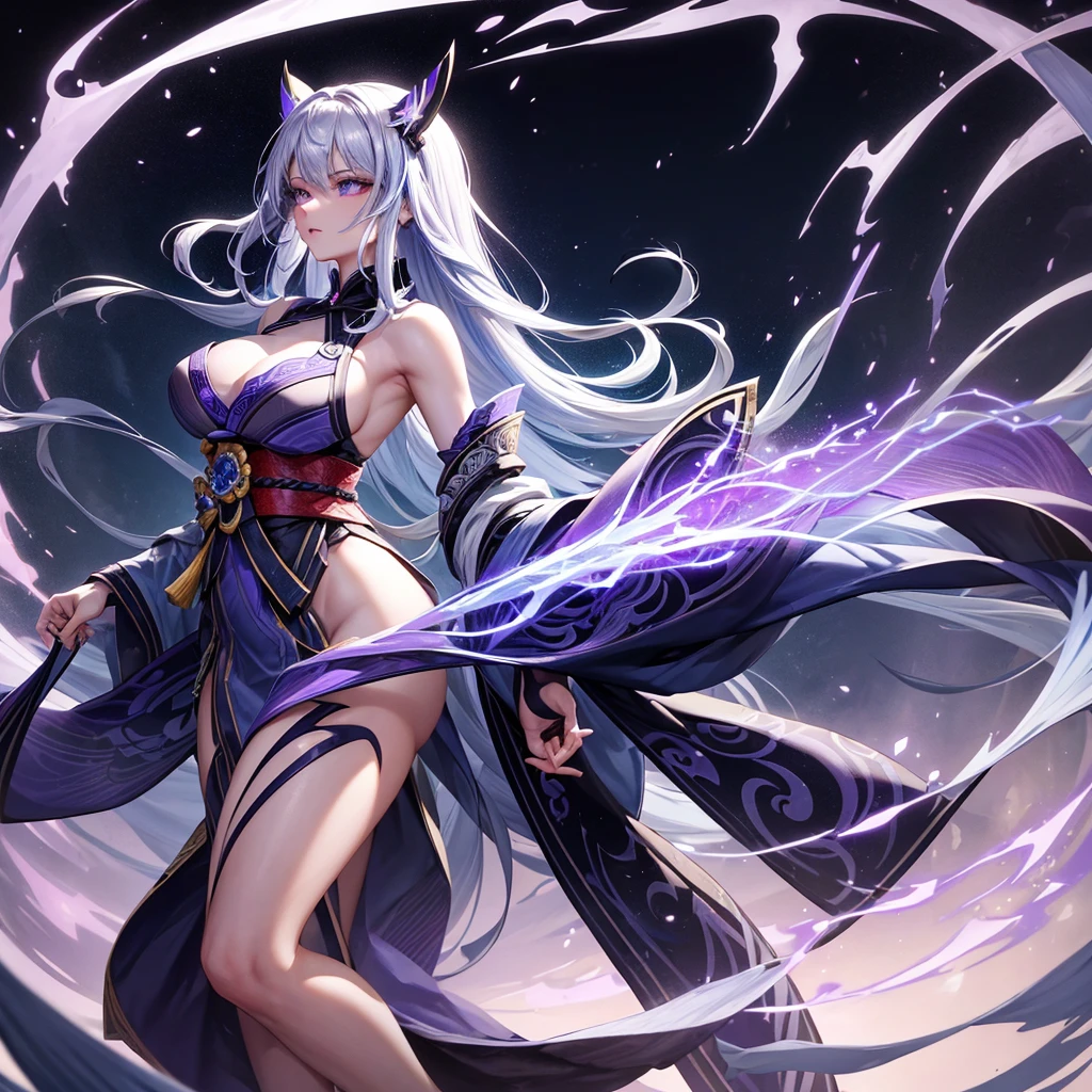 Raiya Raiden, the electric human dragon, possesses long, flowing hair with a shimmering shade of electric purple with hints of blue but mainly black. Her striking eyes are a hue of silver and platinum, bearing intricate electric symbols, giving her gaze an aura of electrifying power. Raiya's skin is pale, ethereally glowing, as if touched by the very essence of electricity. She typically adorns herself in traditional kimono's (raiden shogen from genshin impact), featuring elegant robes in deep shades of indigo and silver, adorned with subtle motifs representing thunder and lightning. Standing at an average height for an 18-year-old, around 5'7" (170 cm), Raiya boasts a slender and elegant physique, affording her graceful and agile movements. This description captures her distinct appearance and connection to electricity