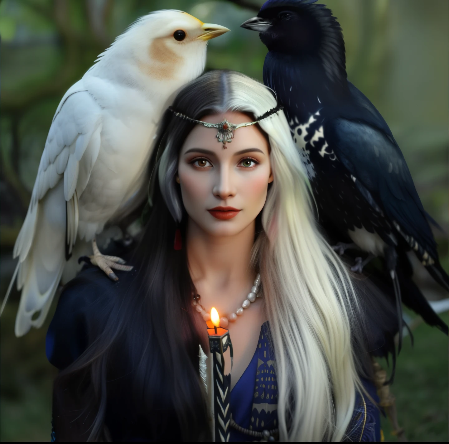 araffe woman with a candle and two birds on her head, pagan goddess, uma bela feiticeira, gothic maiden shaman, beautiful witch female, hecate goddess, feiticeira bonita, com um corvo no ombro, bruxa feminina bonita, como um personagem de fantasia medieval, as a mystical valkyrie, Cabelos longos de corvo, beautiful female druid