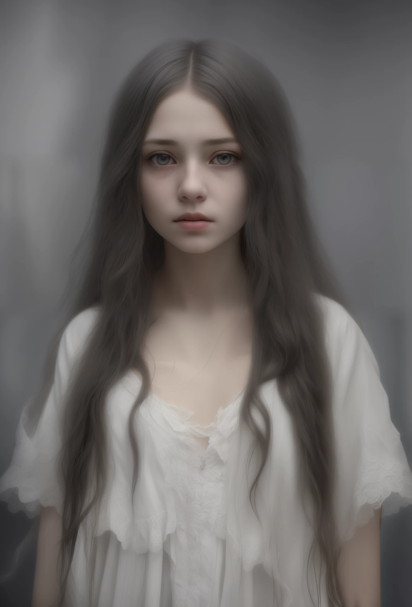 1girl, alone, long hair, Looking at the Viewer, white eyes, empty eyes, long white hair, curled hair, curly, shed, sparse hair, No humans, old man, haunting, mist, portrait, horror (theme), (( (blurry))), master piece, high quality, realistic, detailed, 8k, horror theme,