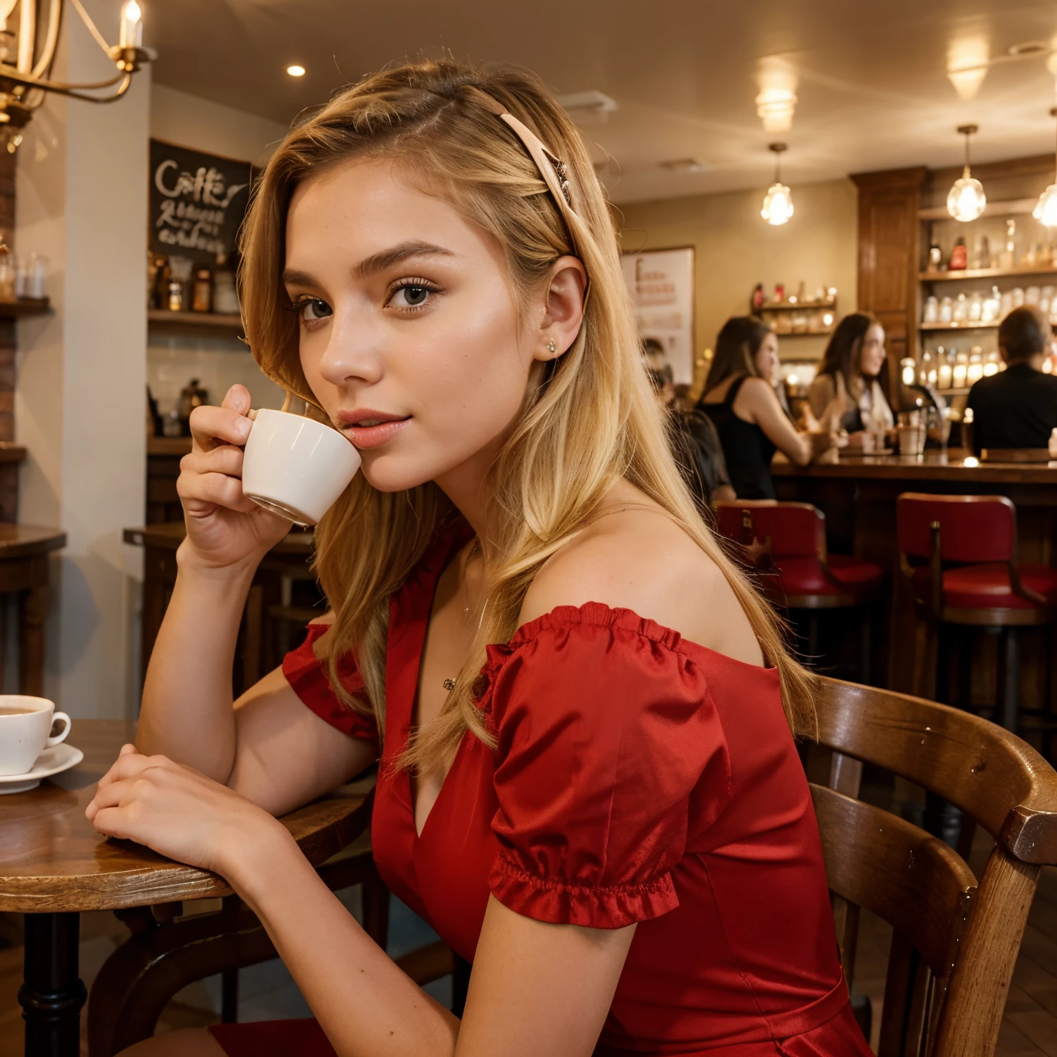 Beautiful girl,influencer,blonde,cafe,selfie,drinking coffee,red dress,russian