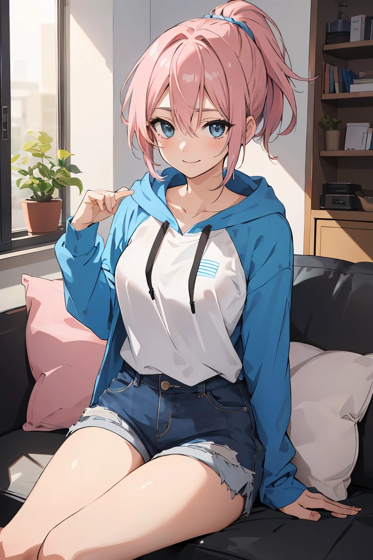 masterpiece:1.2, best quality, ((ultra detailed)), high resolution, 2d, anime style , photo, photography, detailed background, ((pink hair,medium hair,low ponytail,medium breasts))
BREAK
solo,(tareme:1.3),(droopy eyes:1.3), (sexy woman, tall face, tall female)), ((slender blue eyes;1.2)),
BREAK
sitting on sofa,hoodie,shorts, smile,living room