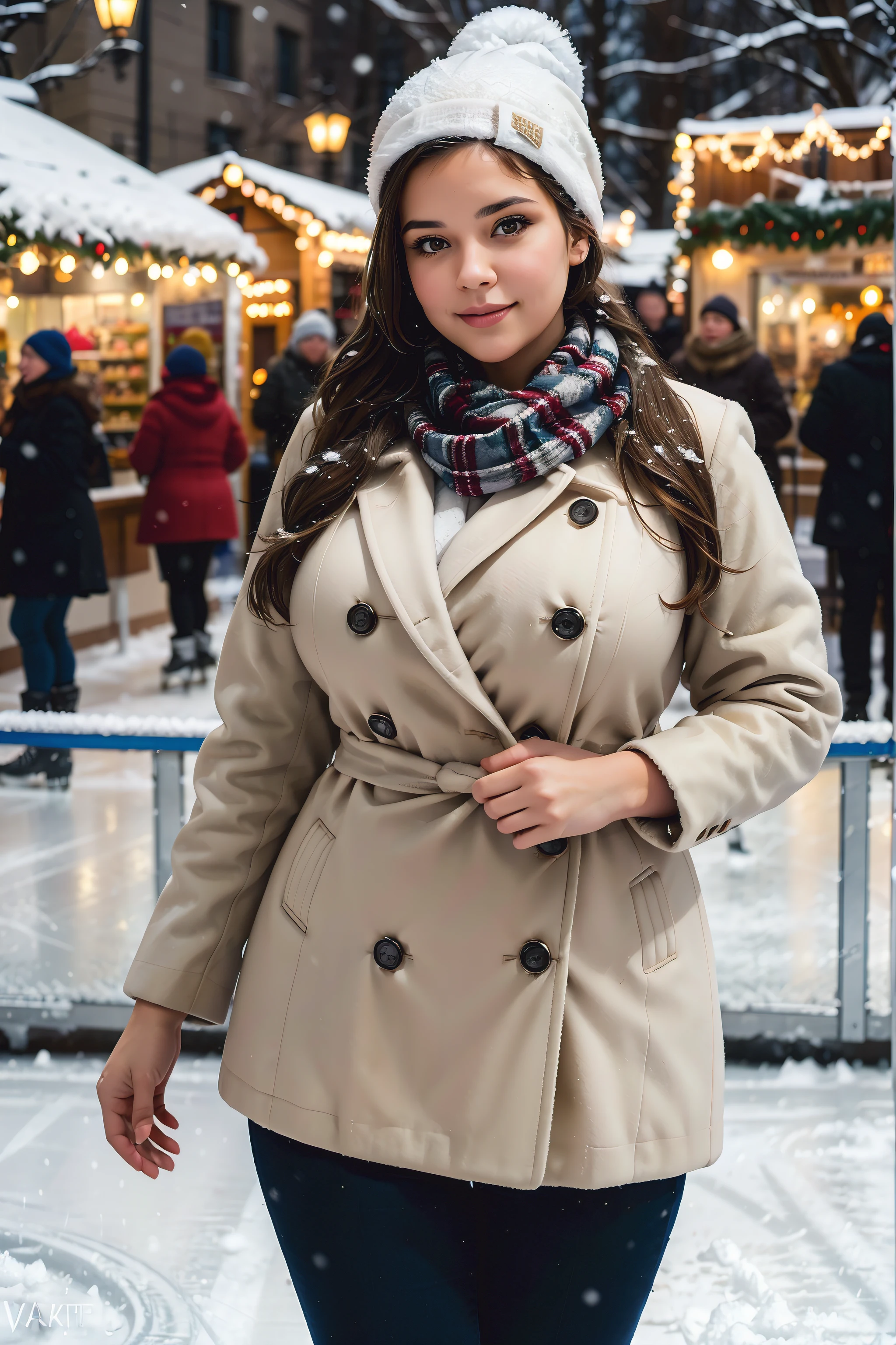 Winter at a christmas market, a beautiful voluptuous woman, curvy body shape, wide waist, french braid, wool jacket, scarf, Skating on an ice rink, depth of field, bokeh, Volumetric lighting, it is snowing, shot from ground level,