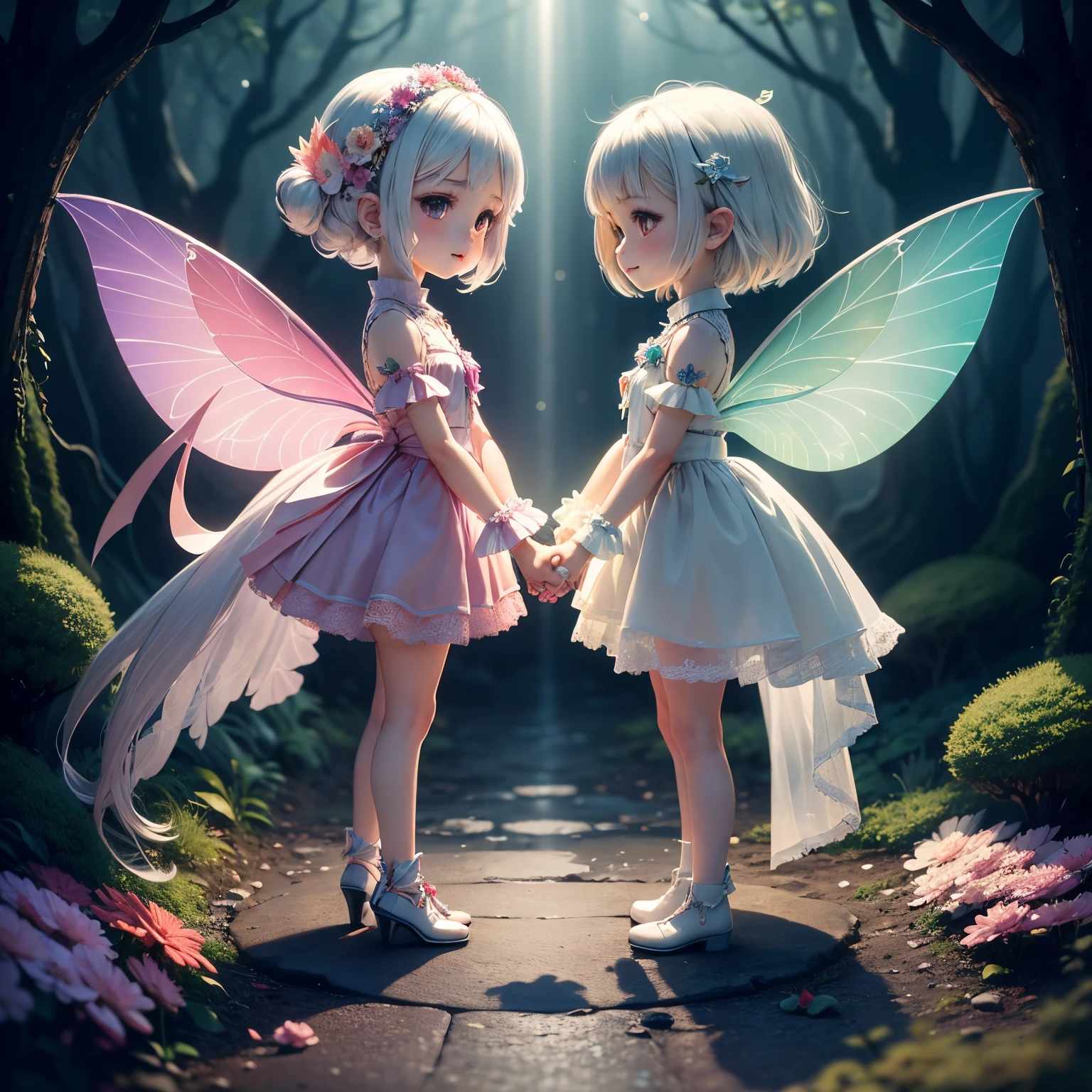 ​masterpiece、top-quality、ultra-detailliert、（Chibi Chara Fairy：1.3）、7 rainbow colored feathers,twin sisters,white  hair,wraith,Holding hands,fairy tale forest,Gerbera flowers,Dazzling light,Negative ions,Full-body standing figure,A smile、Chibi Chara