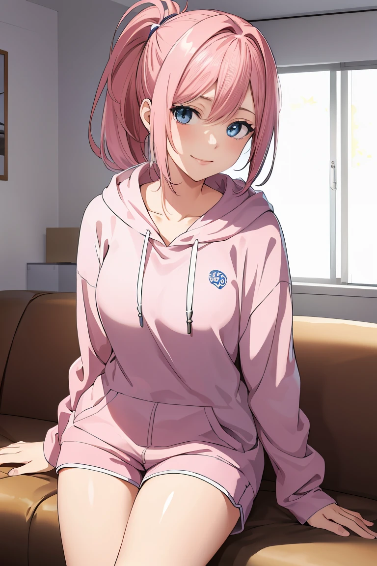 masterpiece:1.2, best quality, ((ultra detailed)), high resolution, 2d, anime style , photo, photography, detailed background, ((pink hair,medium hair,low ponytail,medium breasts))
BREAK
solo,(tareme:1.3),(droopy eyes:1.3), (sexy woman, tall face, tall female)), ((slender blue eyes;1.2)),
BREAK
sitting on sofa,hoodie,shorts, smile,living room