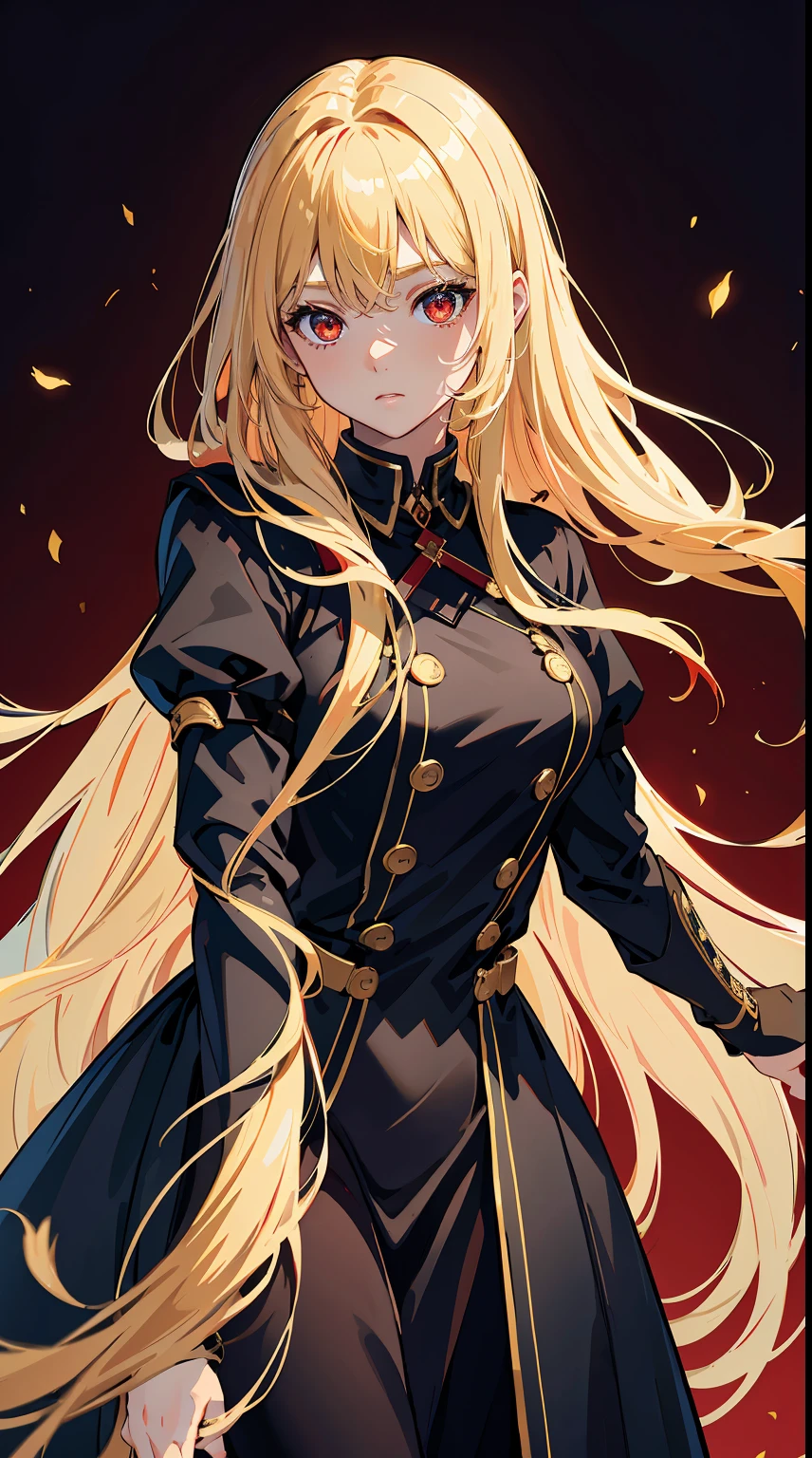 topquality、Outstanding picture quality、tmasterpiece、middle-aged girl((Medium bust,beautiful red color eyes,blond long hair、well-proportioned、black coat)）hiquality、Beautiful art、Background from))Thoughtful design、visual art、Depth of field、better lighting、極端なディテール、8ｋ,super delicate,