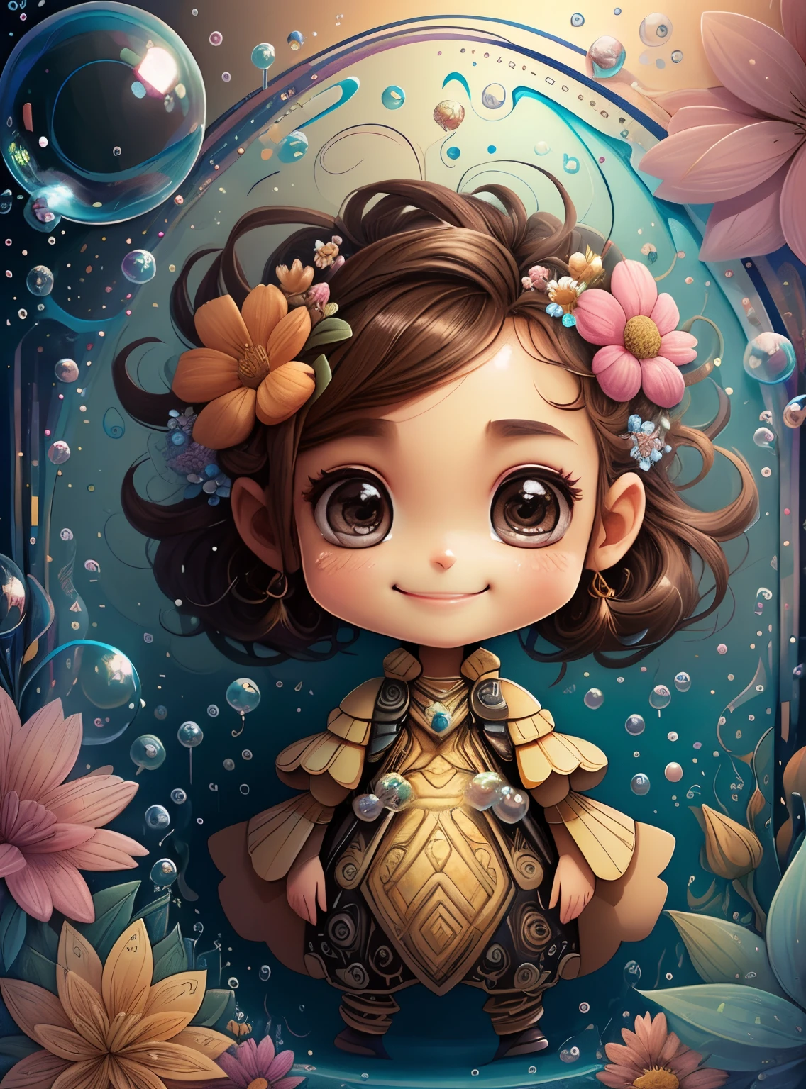 (cute brown ant smiling with flowers, bubbles), Munchkin  ,Geometric multidimensional wall portrait, livro de arte, Tchibi,
Yang08k, Beautiful, Colouring,
Obras, of the highest quality, best quality, Arte Oficial, Beautiful and Aesthetic,