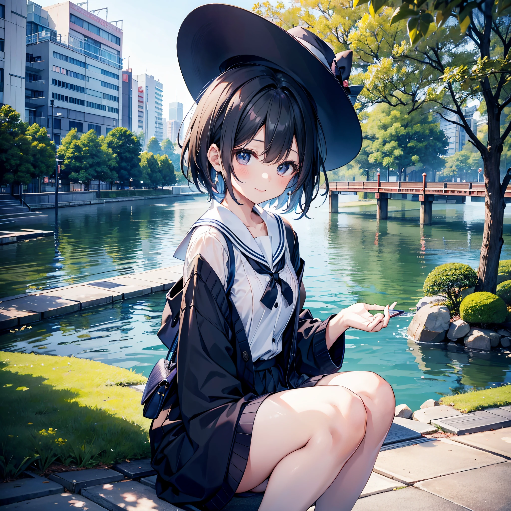 A Japanese woman takes a photo in a park along the Sumida River in Japan、She was a 27-year-old woman with loose, fluffy short hair and lobbed hair、Large black witch hat with sapphire accessories 、small tits、Small、discreet breasts、street snap、Adult Women's Plain Clothes、a sailor suit、cardigan、Sheer feeling、Beautuful Women、Looking at me with a smile、Staring at each other