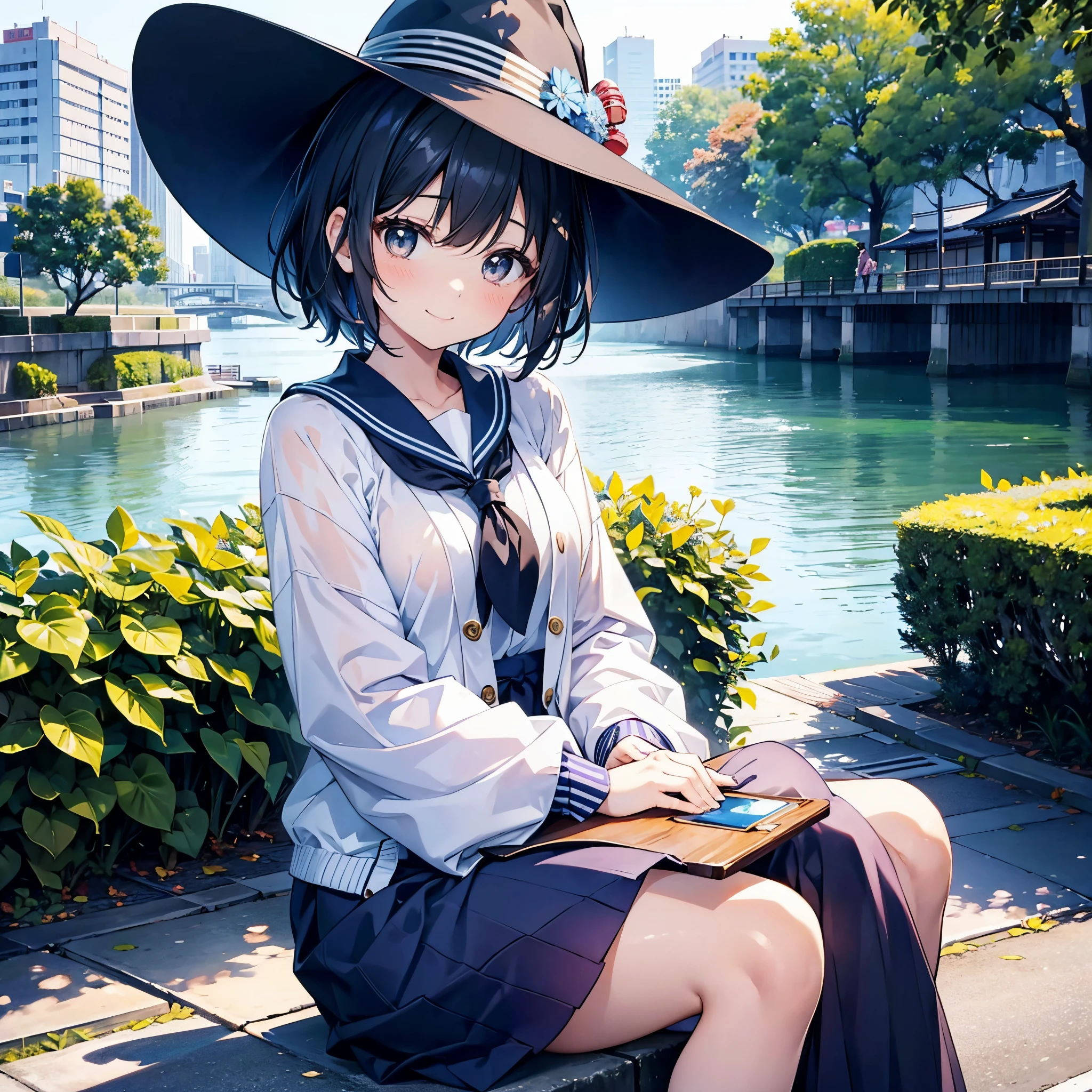 A Japanese woman takes a photo in a park along the Sumida River in Japan、She was a 27-year-old woman with loose, fluffy short hair and lobbed hair、Large black witch hat with sapphire accessories 、small tits、Small、discreet breasts、street snap、Adult Women's Plain Clothes、a sailor suit、cardigan、Sheer feeling、Beautuful Women、Looking at me with a smile、Staring at each other