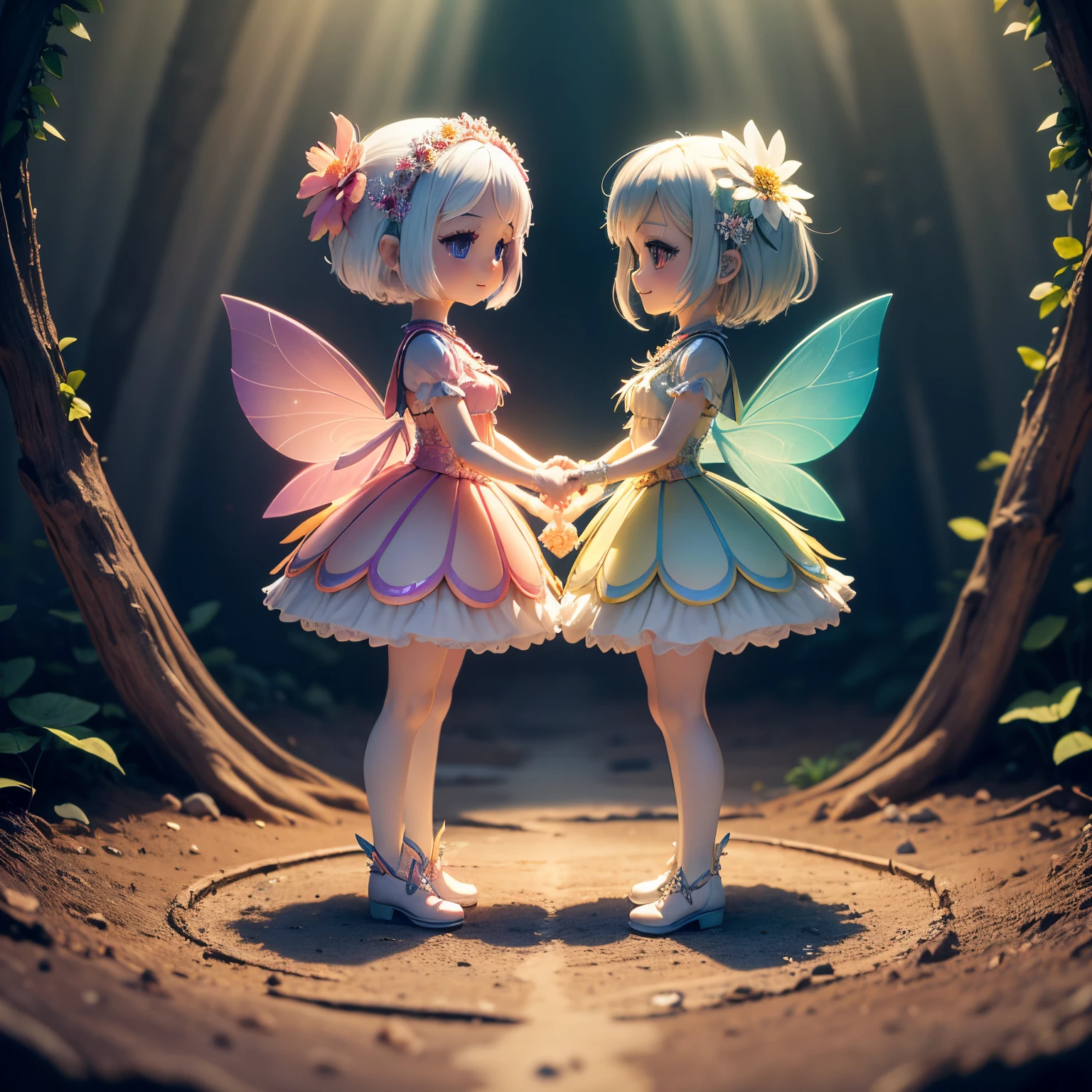 ​masterpiece、top-quality、ultra-detailliert、（Chibi Chara Fairy：1.4）、rainbow color gradation feathers,twin sisters,white  hair,flower spirit,Holding hands,fairy tale forest,Gerbera flowers,Dazzling light,Negative ions,Full-body standing figure,A smile、Chibi character 3D