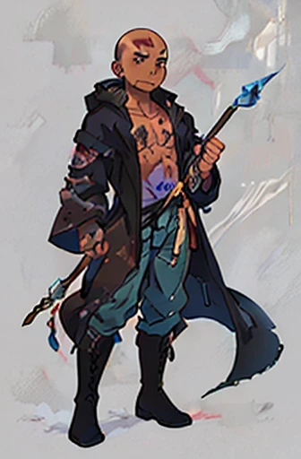 man with black open robe, bare chest, tattoed with script on his entire skin, black boots, a ((quarterstaff)) in hand, bald, pants, ((brown skin))