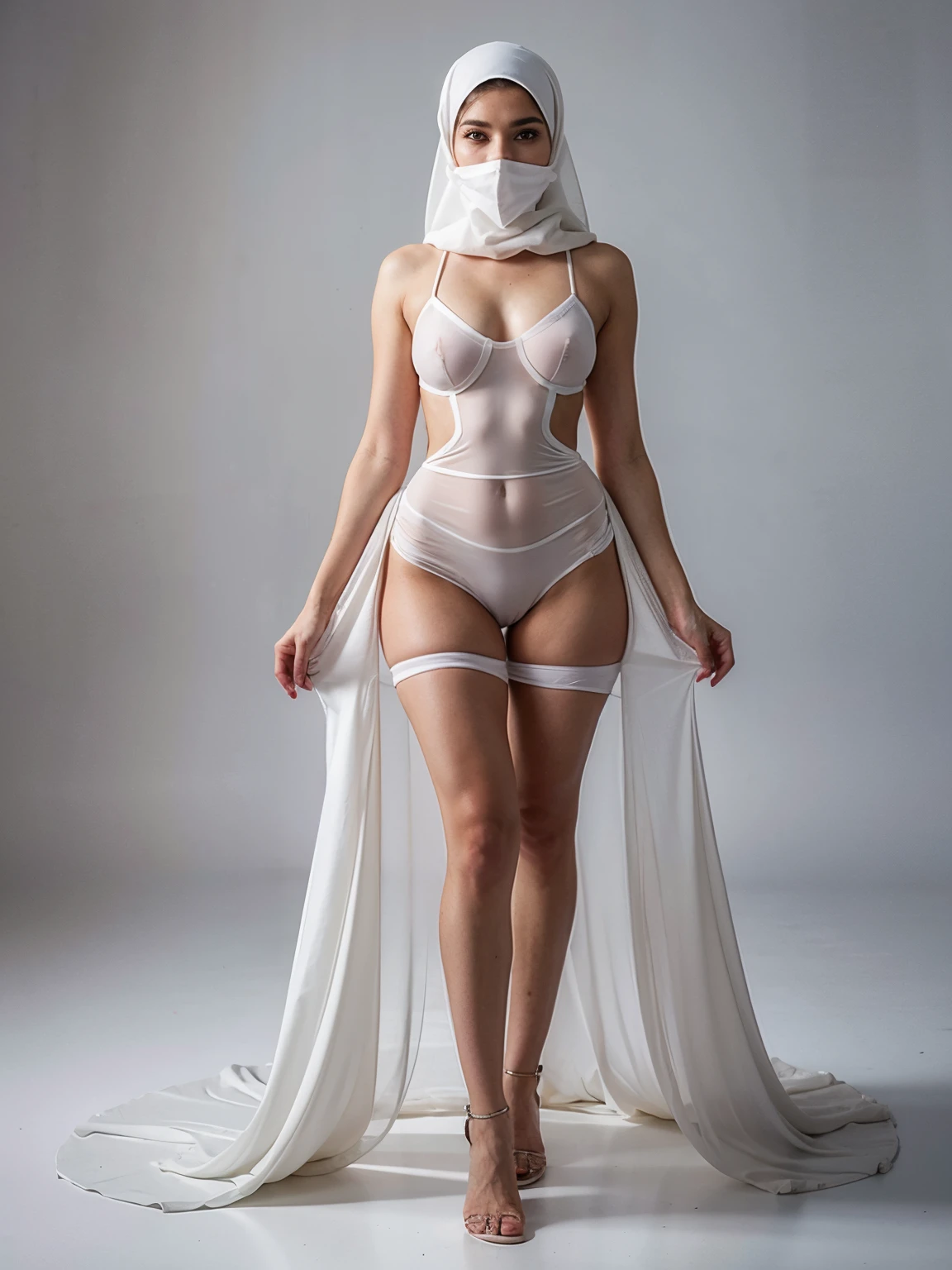 MULHER linda ((not naked)) usando um niqab branco transparente, fullbody