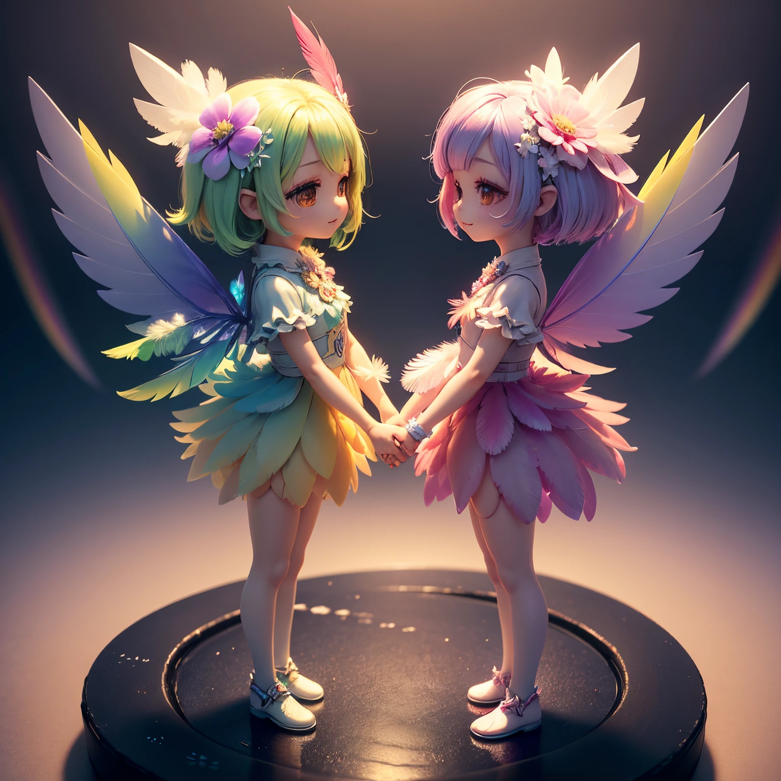 ​masterpiece、top-quality、ultra-detailliert、（Chibi Chara Fairy：1.4）、(rainbow gradient feathers:1.3),twin sisters,white  hair,Flower Spirit,Holding hands,fairy tale forest,Gerbera flowers,Dazzling light,Negative ions,Full-body standing figure,A smile、Chibi character 3D
