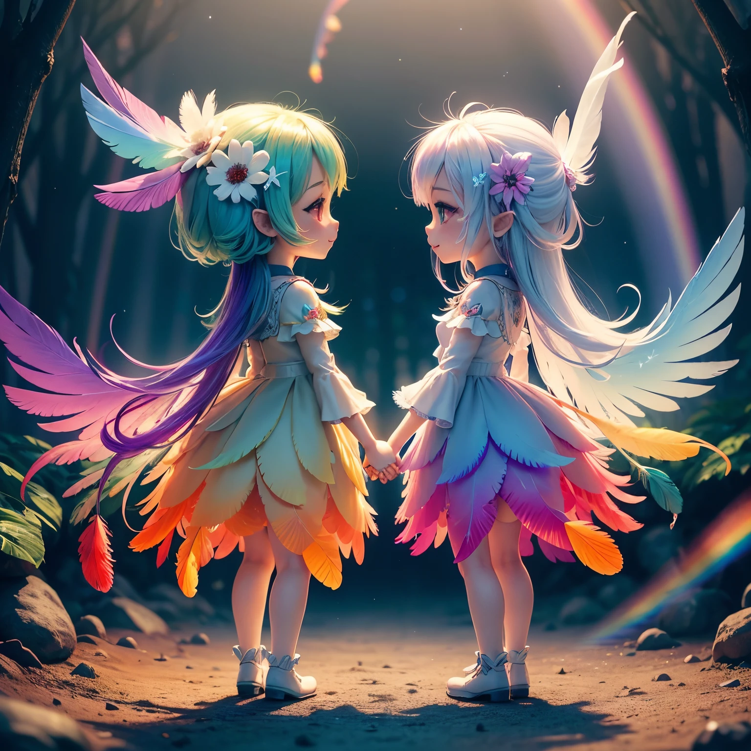 ​masterpiece、top-quality、ultra-detailliert、（Chibi Chara Fairy：1.4）、(rainbow gradient feathers:1.3),twin sisters,white  hair,Flower Spirit,Holding hands,fairy tale forest,Gerbera flowers,Dazzling light,Negative ions,Full-body standing figure,A smile、Chibi character 3D