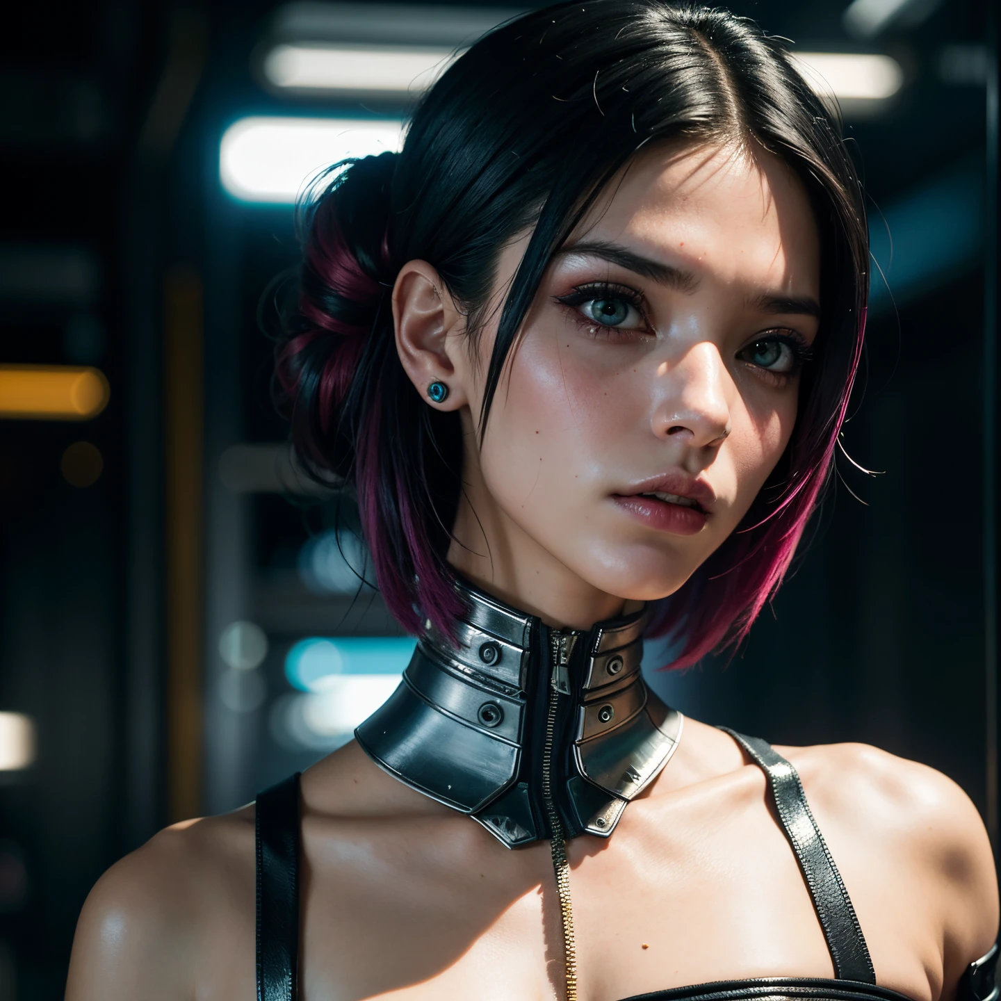 um close de uma mulher com um rosto muito estranho e um cabelo estranho, estilo cyberpunk horror, cyberpunk zangada deusa linda, mulher ciborgue, estilo cyberpunk hiper-realista, ciborgue, maquiagem cyberpunk intrincada - up, estilo cyberpunk , hiper-realista, Retrato detalhado de um ciborgue, modelo de moda ciborgue, ciborgue - meninargue cyberpunk, angry female cyborg