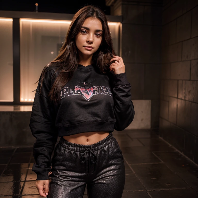 23 year old woman wearing a black sweatshirt, con un pans negro ancho, de noche, piel clara, straight brown hair, labios rosados, cara redonda nariz fina, con lluvia de fondo, pantalon de mezclilla