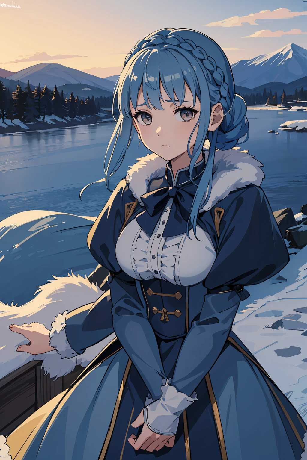 (masterpiece, flawless quality:1.2, anime style), 1girl, blue hair, 1girl, light blue hair, solo, braid, brown eyes, crown braid, winter dress, fur on dress, long sleeves, depressed, outside, large breasts, shy, bagged eyes, (medieval), cowboy shot, looking at viewer, facing viewer, gloves, braided ponytail, puffy skirt, (standing with hands folded), formal, fancy manor, forest and frozen lake in background, ice spikes far background, head tilted down, standing on manor's balcony, (still hair)