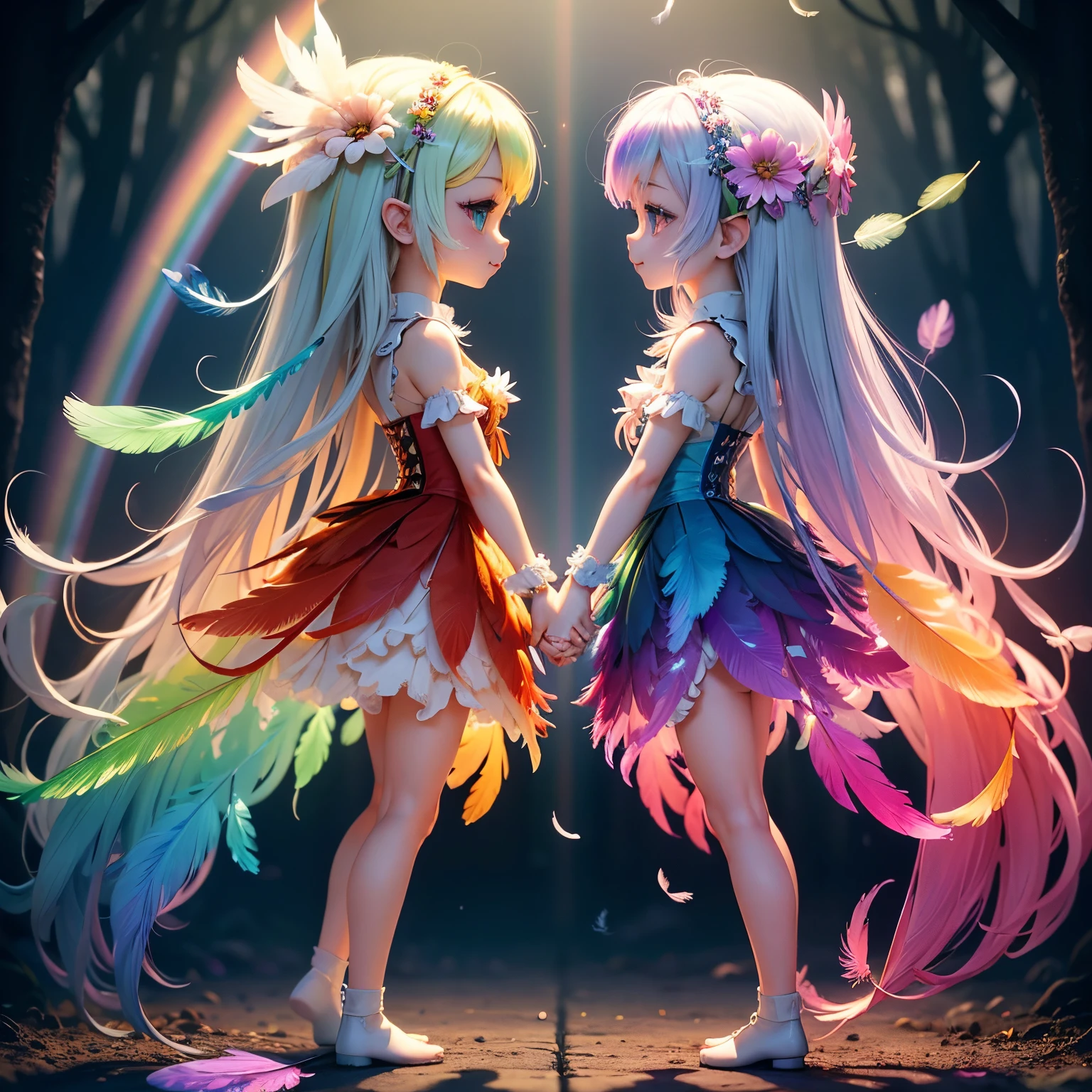 ​masterpiece、top-quality、ultra-detailliert、（Chibi Chara Fairy：1.4）、(rainbow gradient feathers:1.3),twin sisters,white  hair,Flower Spirit,Holding hands,fairy tale forest,Gerbera flowers,Dazzling light,Negative ions,Full-body standing figure,A smile、Chibi character 3D