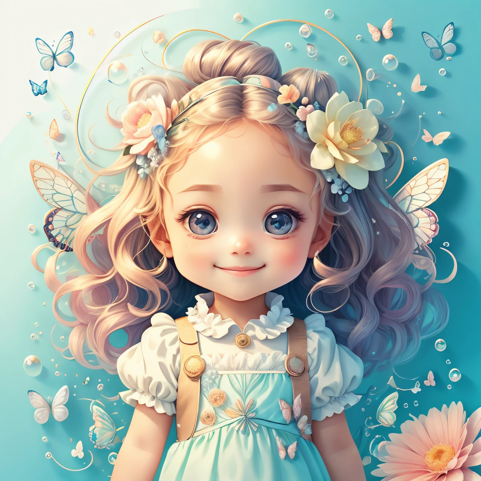 Four-year-old blonde girl, short wavy hair, blue eyes, cute and delicate, smiling with a purple butterfly. In a magic garden, soft light and soft colors. Perfect hands, Digital art, AI Art.