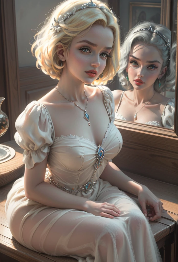 (Masterpiece - Ultra-Detailed, High Resolution) Prepare to be enchanted by a true masterpiece that combines ultra-detailed art with high-resolution rendering. This work shows a mesmerizing woman, with short, light blonde hair, 1950s style, Marilyn Monroe (1.3) and captivating (brown eyes) (1.2),(brown eyes) New York illustration style, wearing red lipstick, emanating an aura of elegance and mystery. Wearing victorian classic 1950s clothing. sexy. Intricate details and realistic textures invite you to explore every aspect of this enchanting composition. Transparent white dress. reading, writing, lying, standing, on your back, dynamic poses. Get ready to dive into a world where beauty and craftsmanship merge perfectly. Upper body.