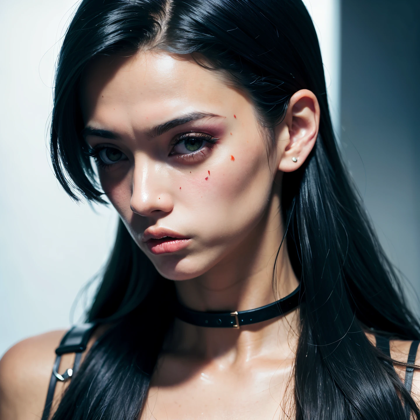 um close de uma mulher com um rosto muito estranho e um cabelo estranho, estilo cyberpunk horror, cyberpunk zangada deusa linda, mulher ciborgue, estilo cyberpunk hiper-realista, menina ciborgue, maquiagem cyberpunk intrincada - up, estilo cyberpunk ， hiper-realista, Retrato detalhado de um ciborgue, modelo de moda ciborgue, ciborgue - menina, ciborgue cyberpunk, angry female cyborg