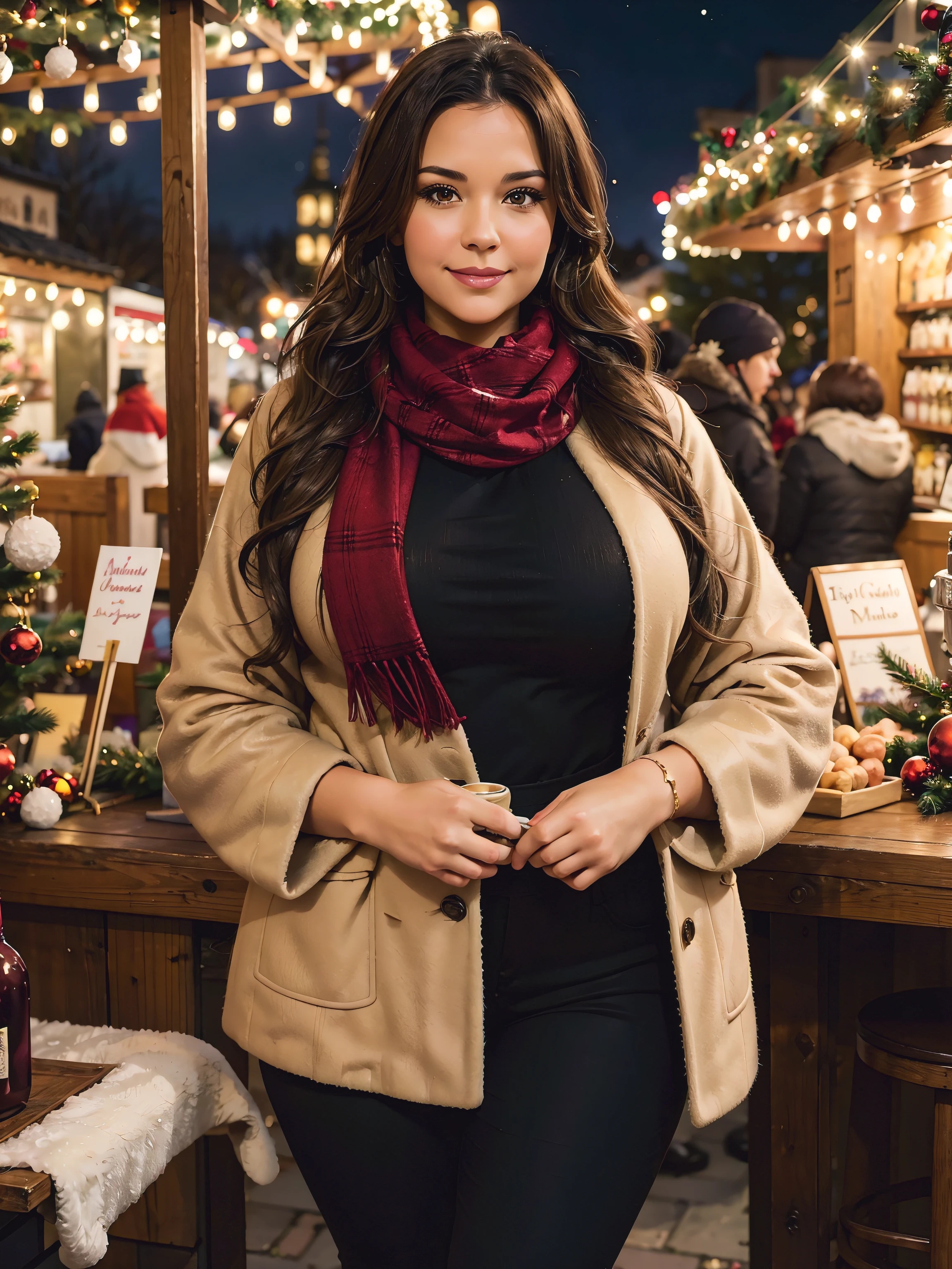 At the Christmas market at the mulled wine stand, a beautiful voluptuous woman, curvy body shape, wide waist, french braid, scarf, wool jacket, tight pants, Getting drunk from mulled wine, depth of field, bokeh,