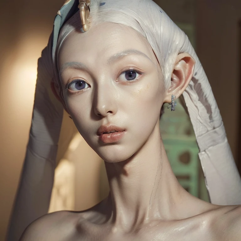 (masterpiece, best quality, extremely detailed CG unity 8k wallpaper, face only, looking at viewer:1.35), (akhenaten, slender androgynous alien male, beautiful eyes, long face, narrow head, bald, pointy ears:1.5)