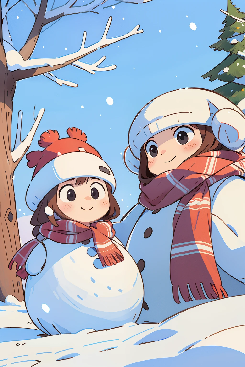 Girl, long hair, round face, big eyes, down jacket, smile, scarf, winter, park, snowman, white snow, tree, snow cover, panorama, front
