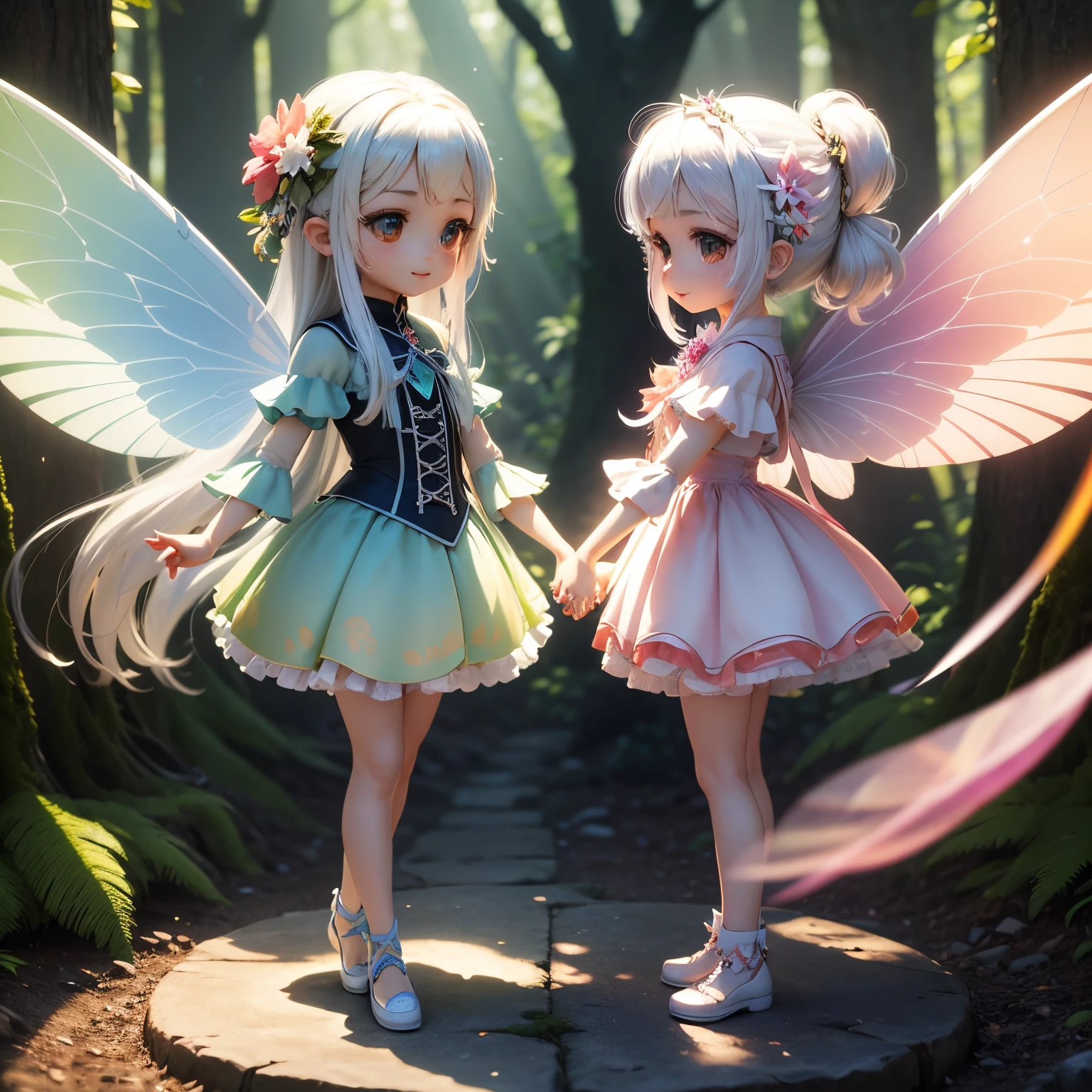 masterpiece、top-quality、ultra-detailliert、(Chibi character fairy rainbow color gradation wings:1.4),twin sisters,white hair,Flower Spirit,Holding hands,fairy tale forest,Gerbera flowers,Dazzling light,Negative ions,Full-body standing figure,A smile、Chibi character 3D